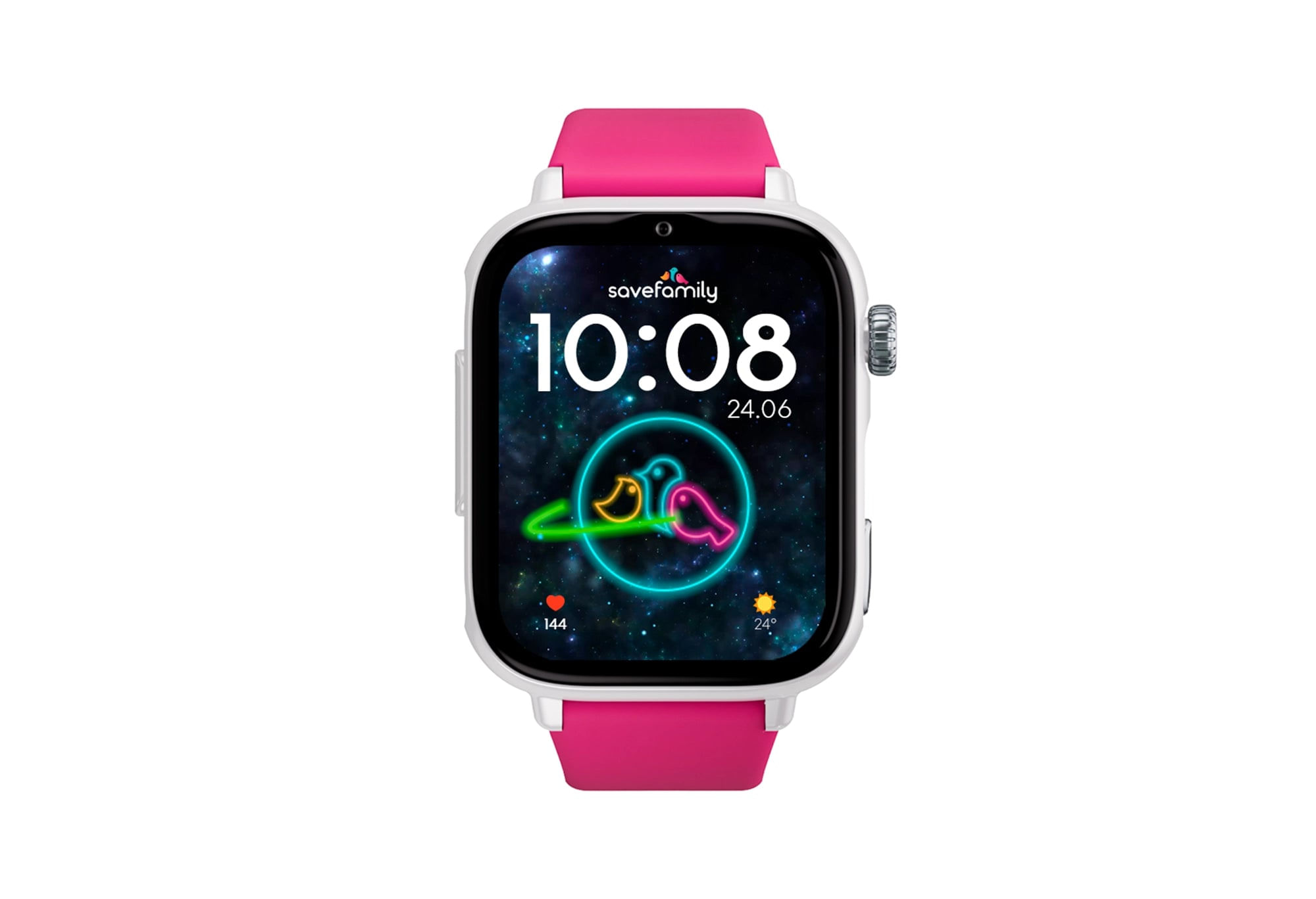 Uno smartwatch bianco con cinturino rosa mostra le 10:08 e una grafica di sfondo stellato.