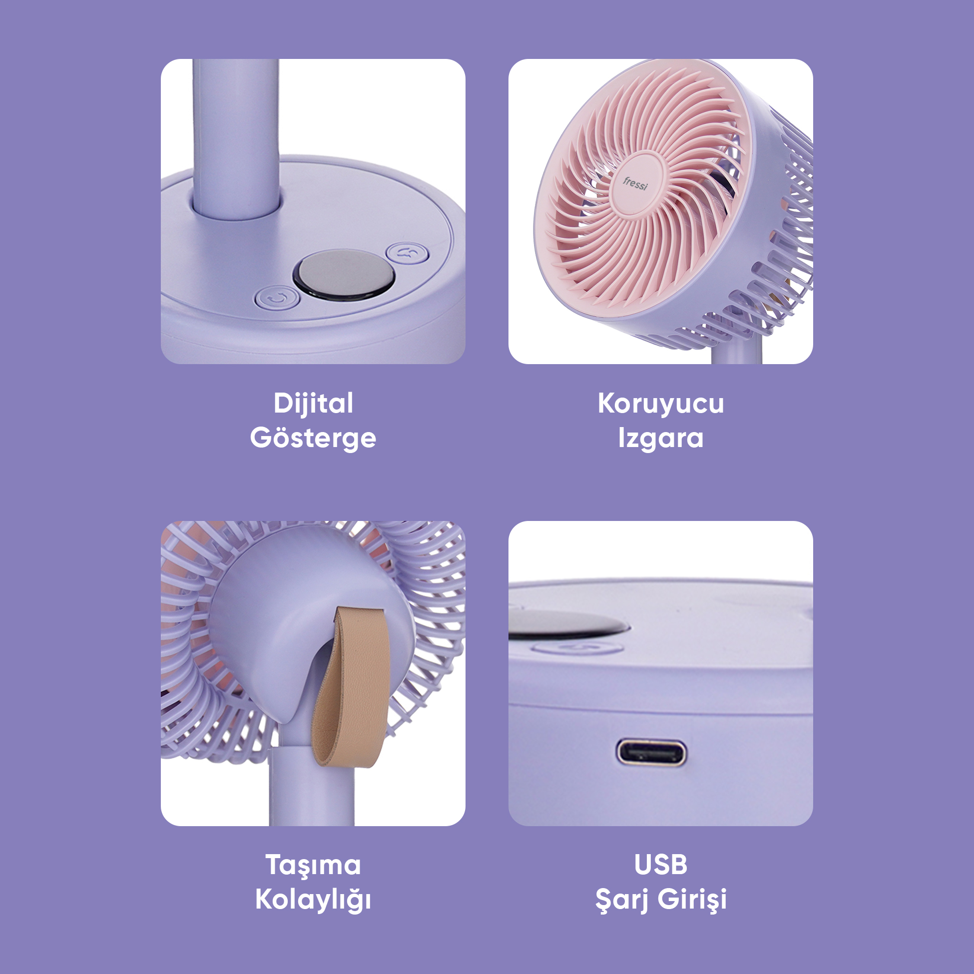 Dijital göstergeli, koruyucu ızgaralı, taşıma saplı ve USB girişli mor vantilatör.