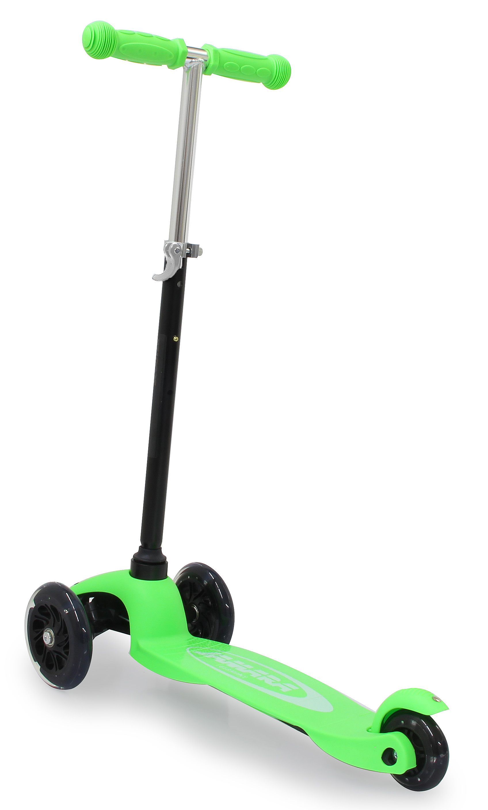 Un monopattino a tre ruote verde brillante con manubrio argentato e ruote nere.