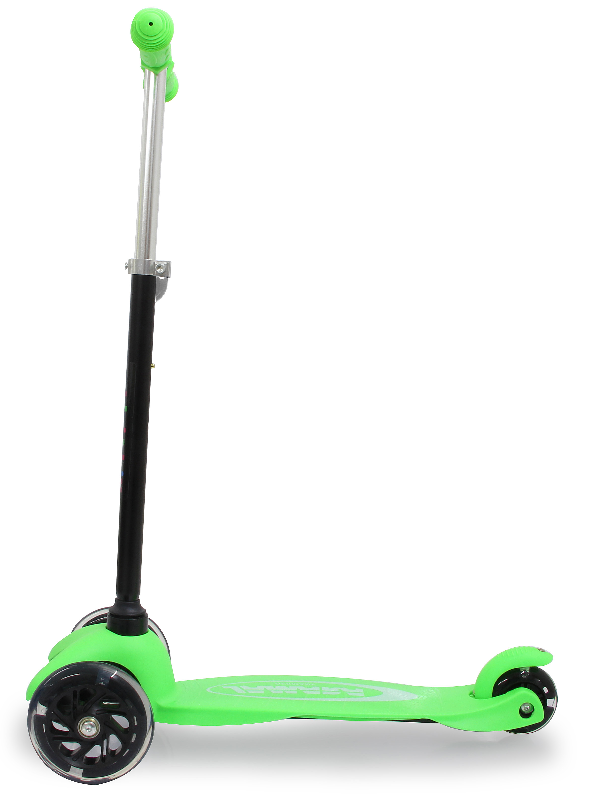 Un monopattino a tre ruote verde brillante con manubrio argentato.