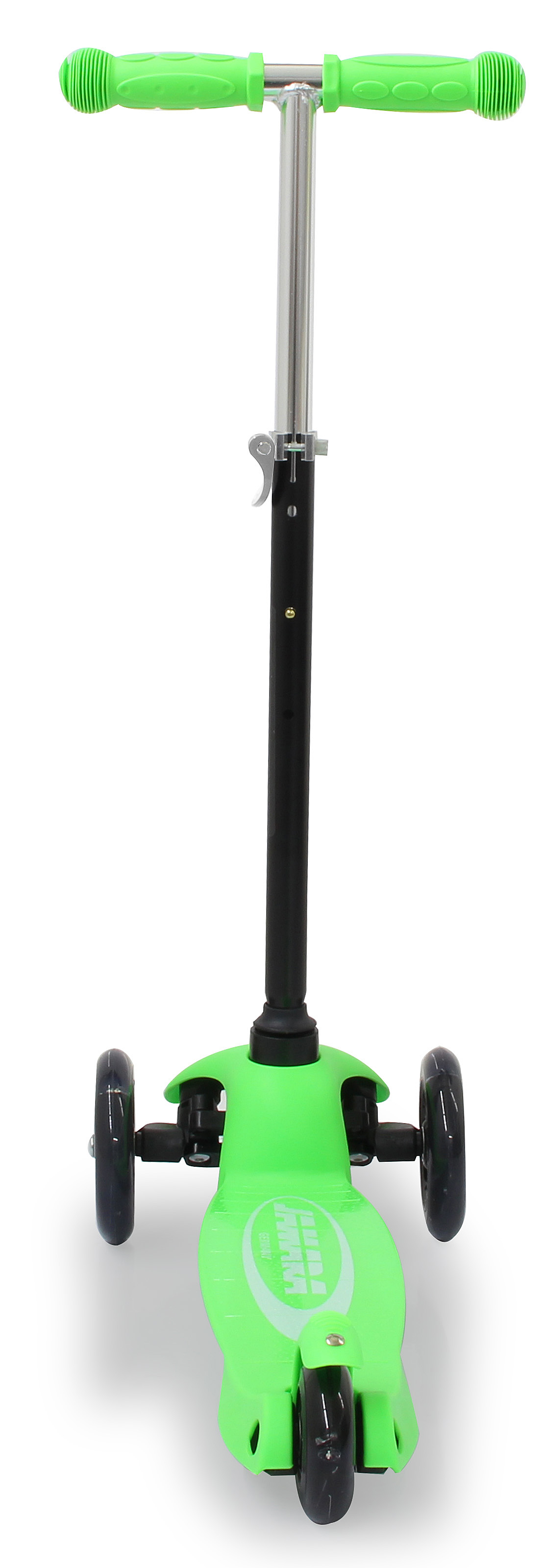Un monopattino a tre ruote verde brillante con manubrio argentato e impugnature nere.