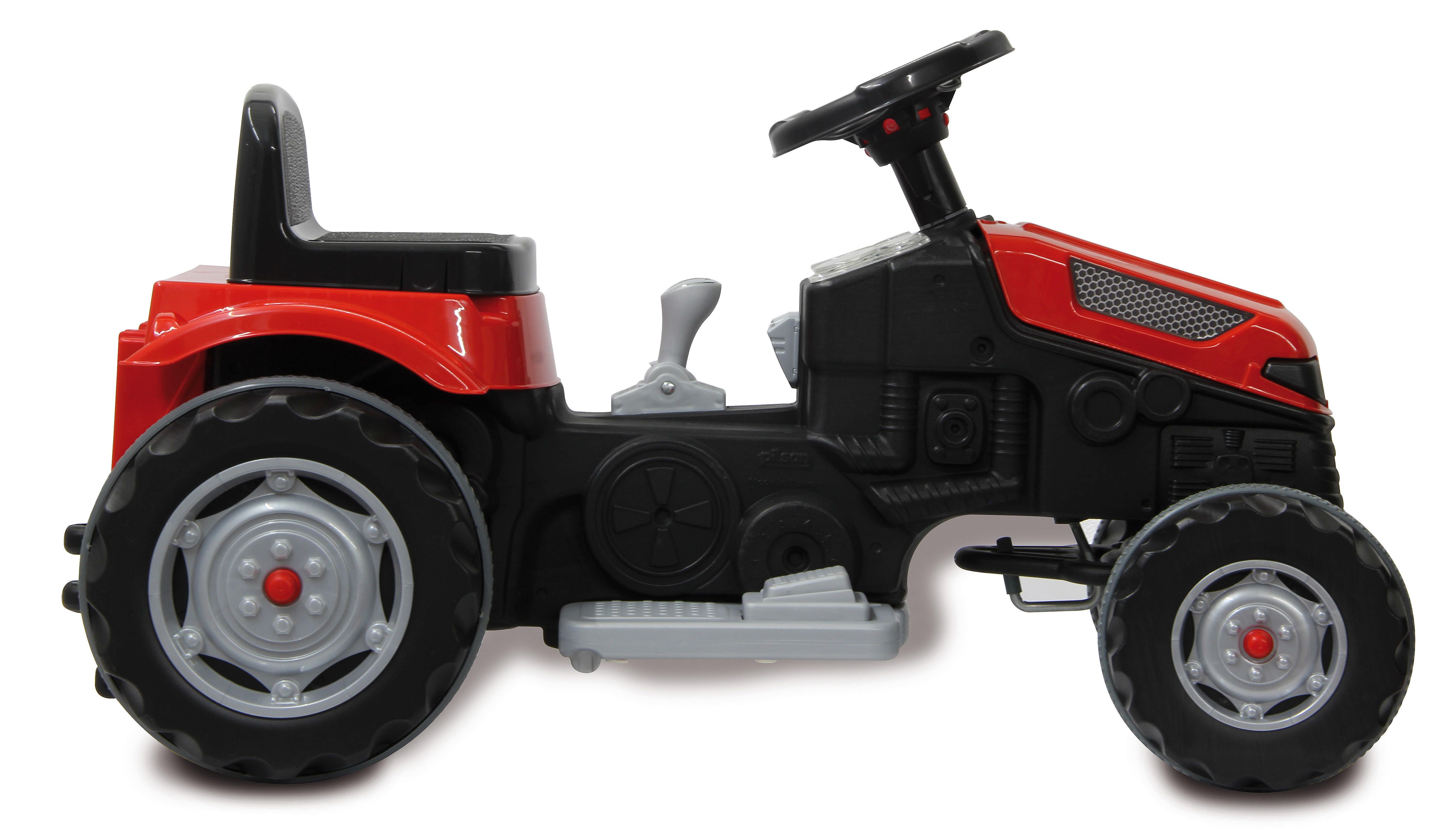 Ein Spielzeugtraktor in Rot und Schwarz mit großen Rädern und Lenkrad.