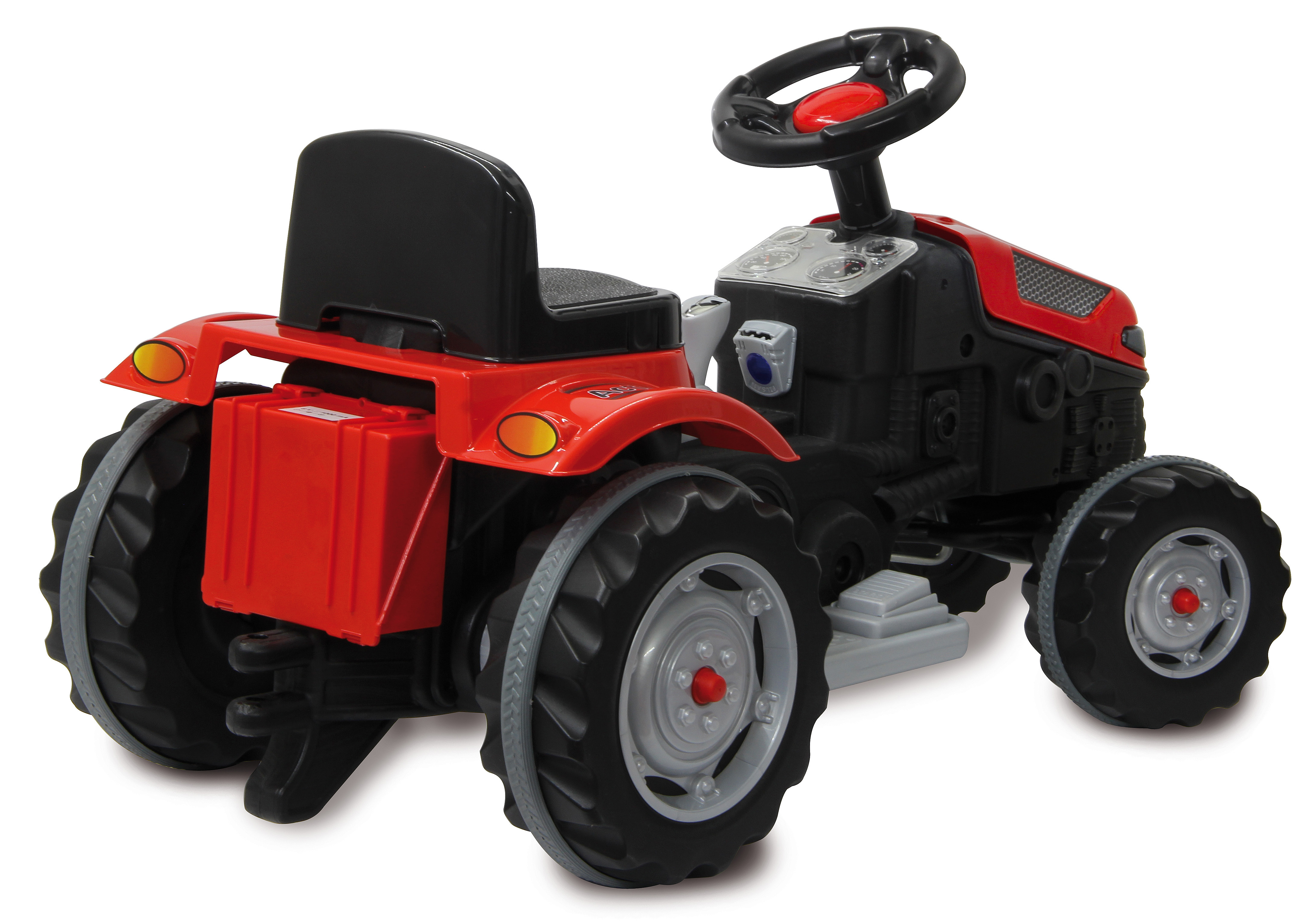 Ein roter Spielzeugtraktor mit schwarzem Sitz und Lenkrad.