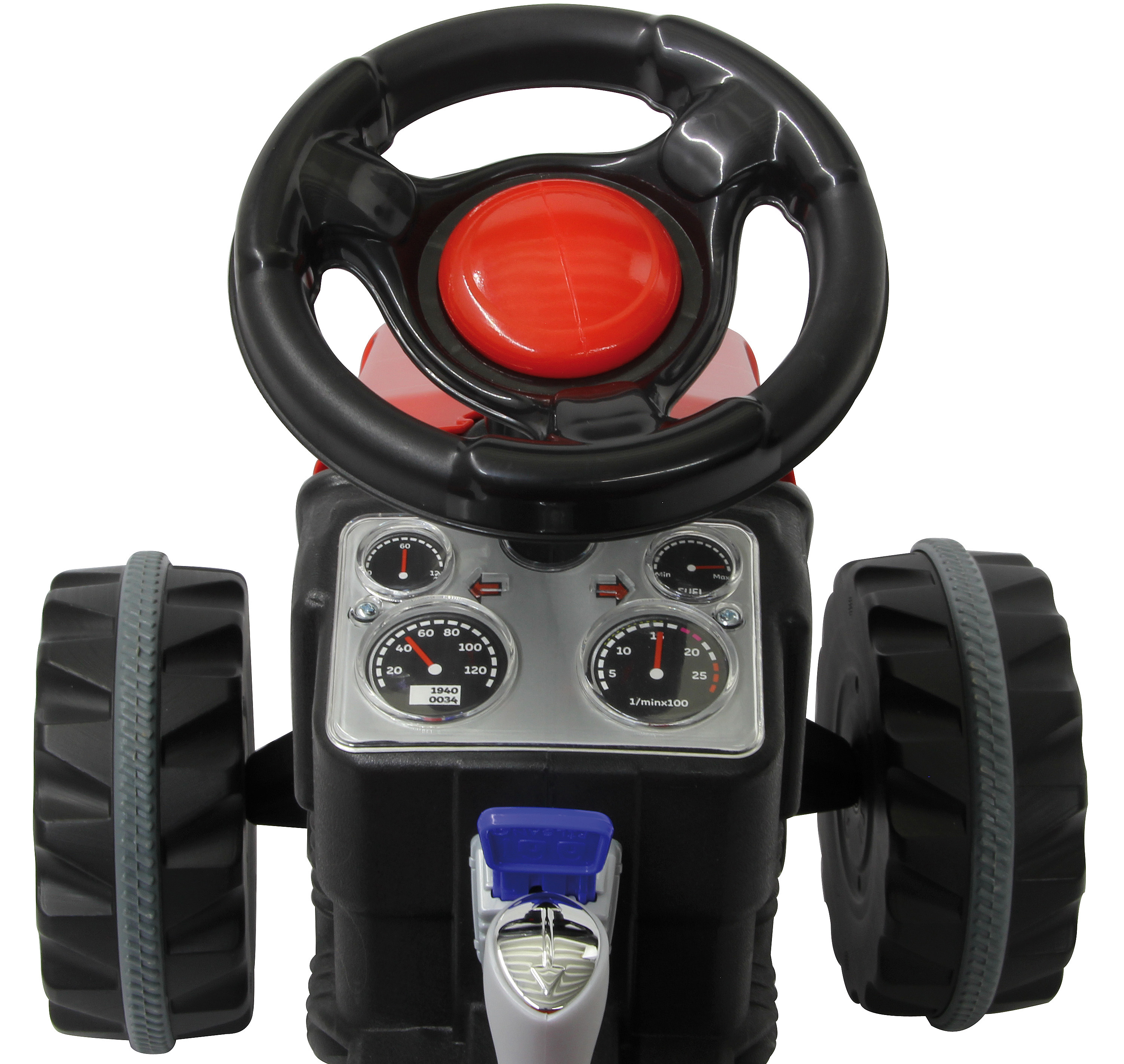 Ein Spielzeugtraktor-Cockpit mit Lenkrad, zwei Armaturen und großen Rädern.