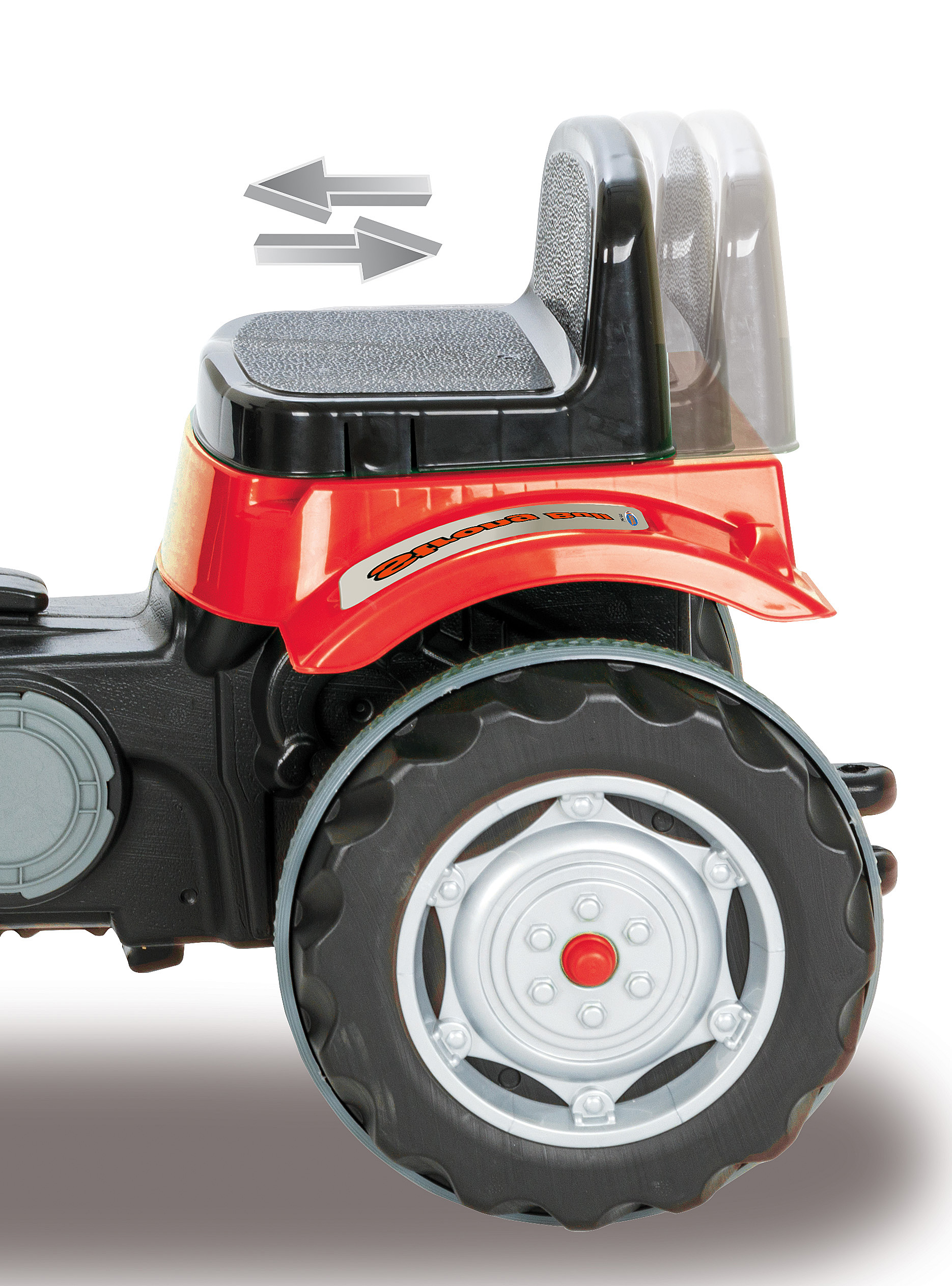 Roter Spielzeugtraktor mit schwarzem Sitz und Pfeilen, die Auf- und Abbewegung anzeigen.