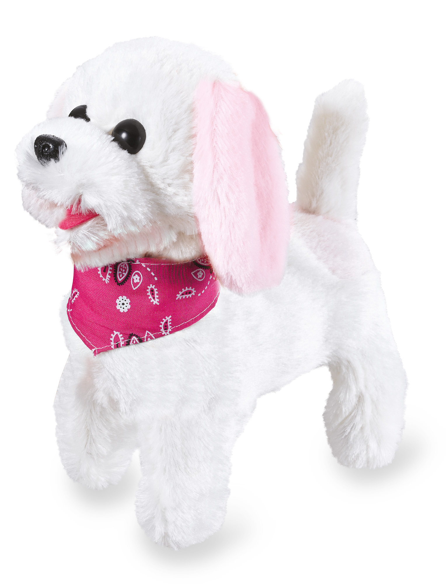 Ein weißer Plüschhund mit rosa Ohren und einem pinken Bandana.
