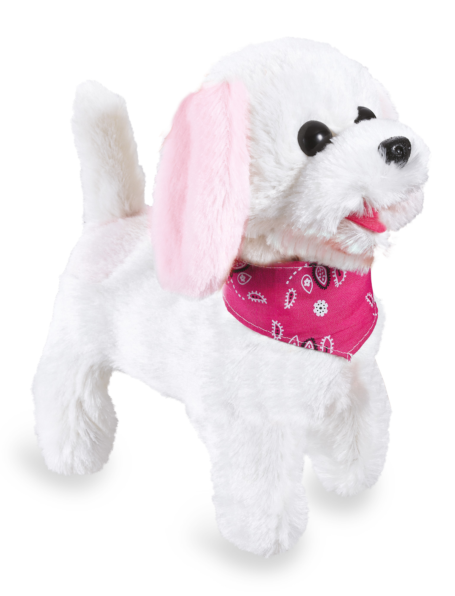 Ein flauschiger weißer Stoffhund mit rosa Ohren und Halstuch.