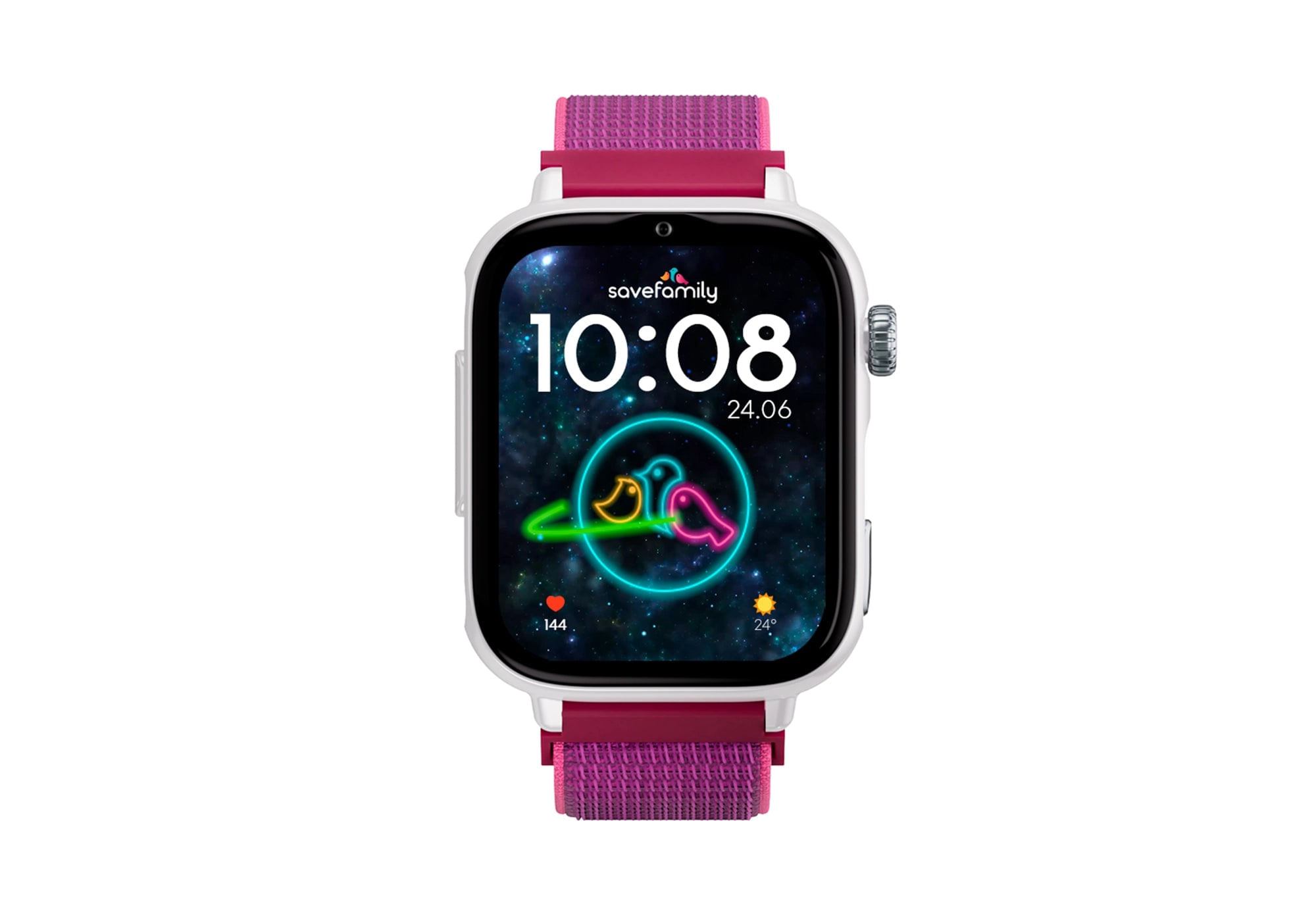 Un smartwatch blanco con correa rosa y pantalla temática del espacio.