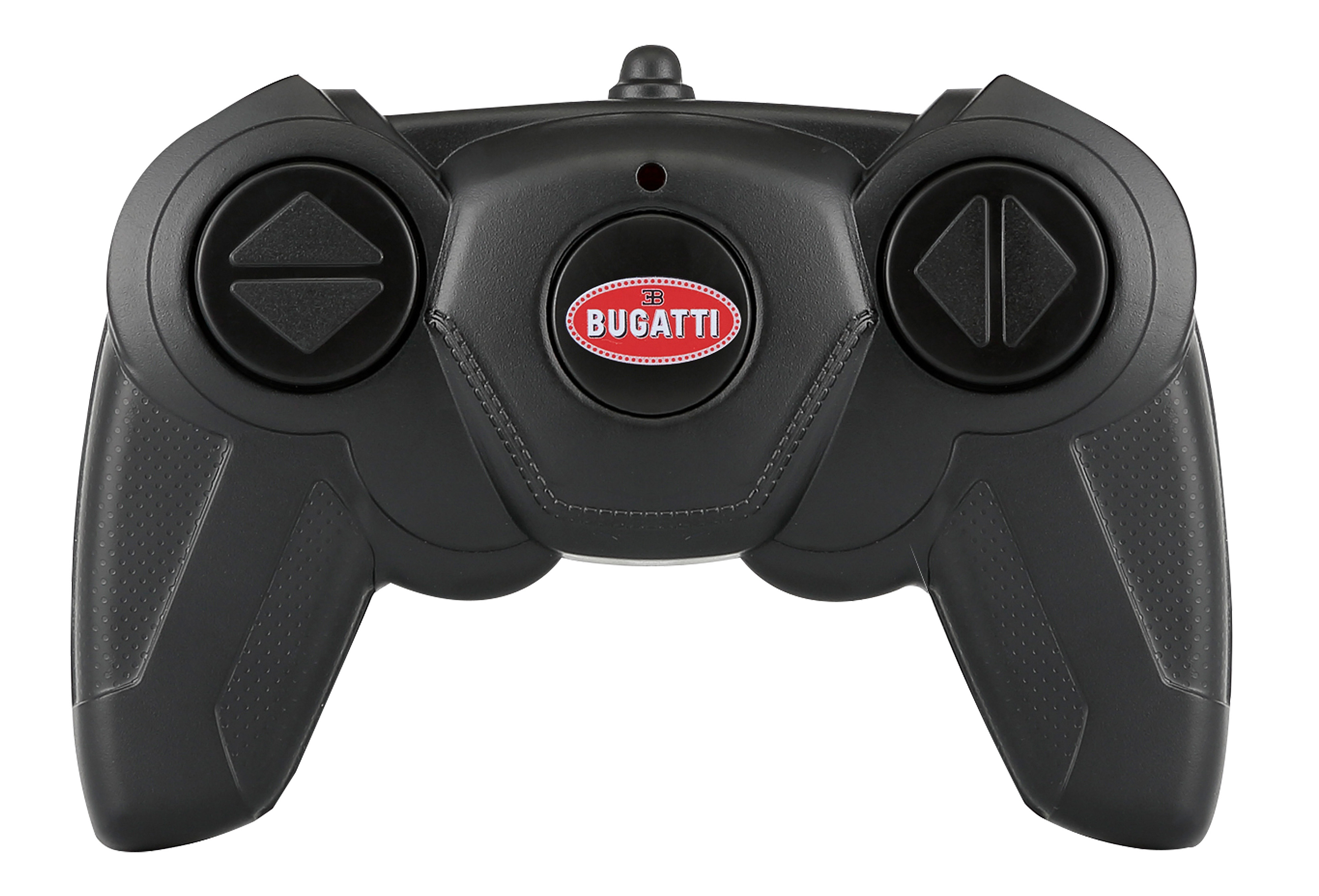 Schwarzer Fernbedienungsgriff mit Bugatti-Logo und Pfeiltasten.