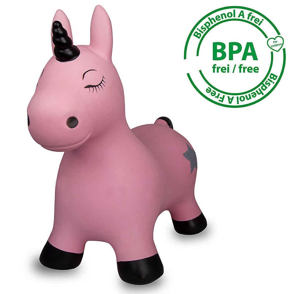 Un giocattolo saltatore gonfiabile a forma di unicorno rosa con zoccoli e corno neri.