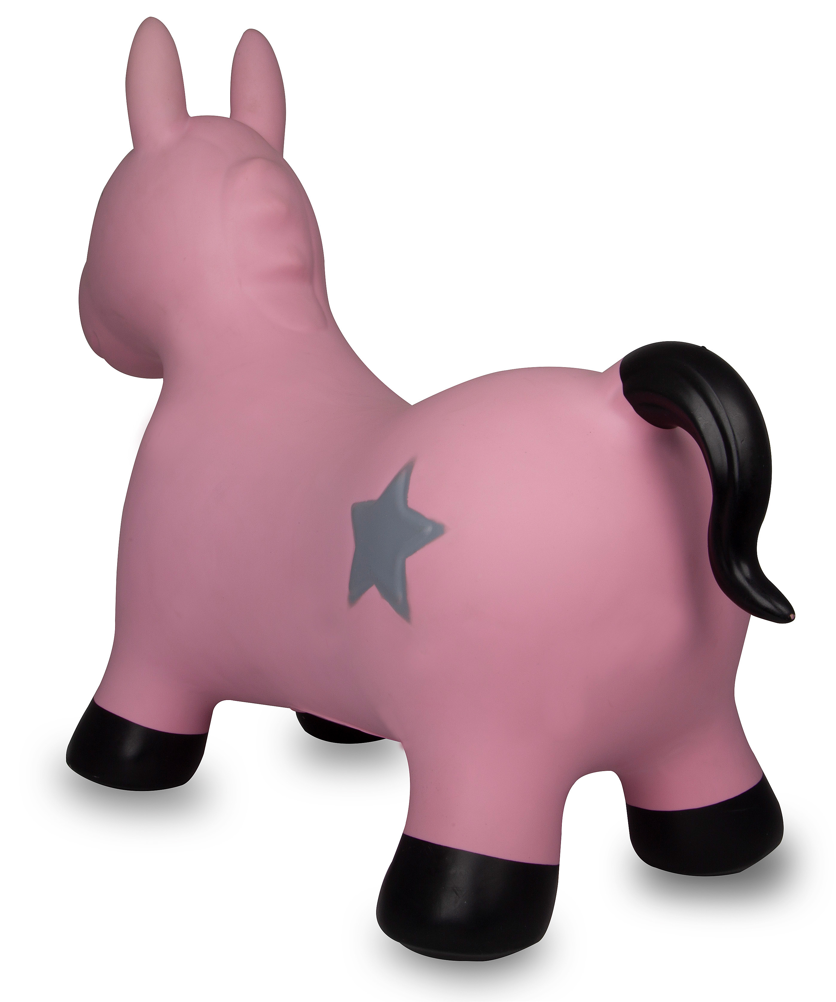 Un cavallo saltellante rosa con stella grigia e zoccoli/orecchie nere.