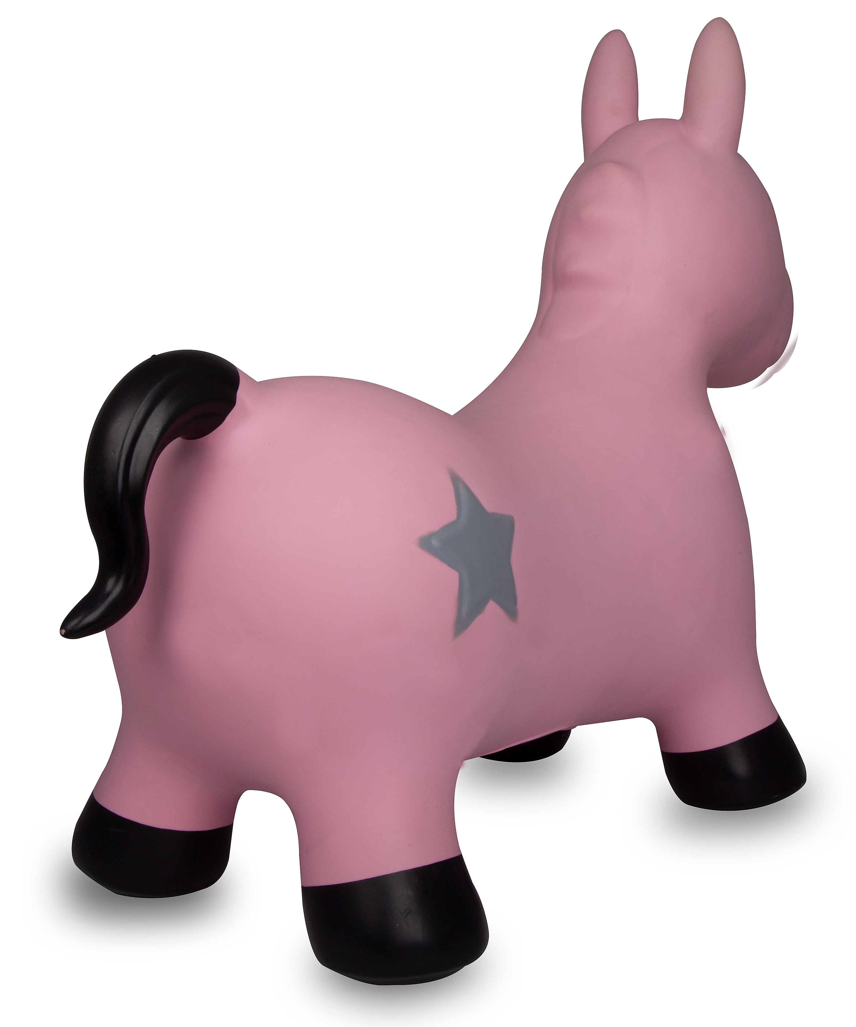 Un cavallo giocattolo rosa da saltare con zoccoli neri e una stella grigia.