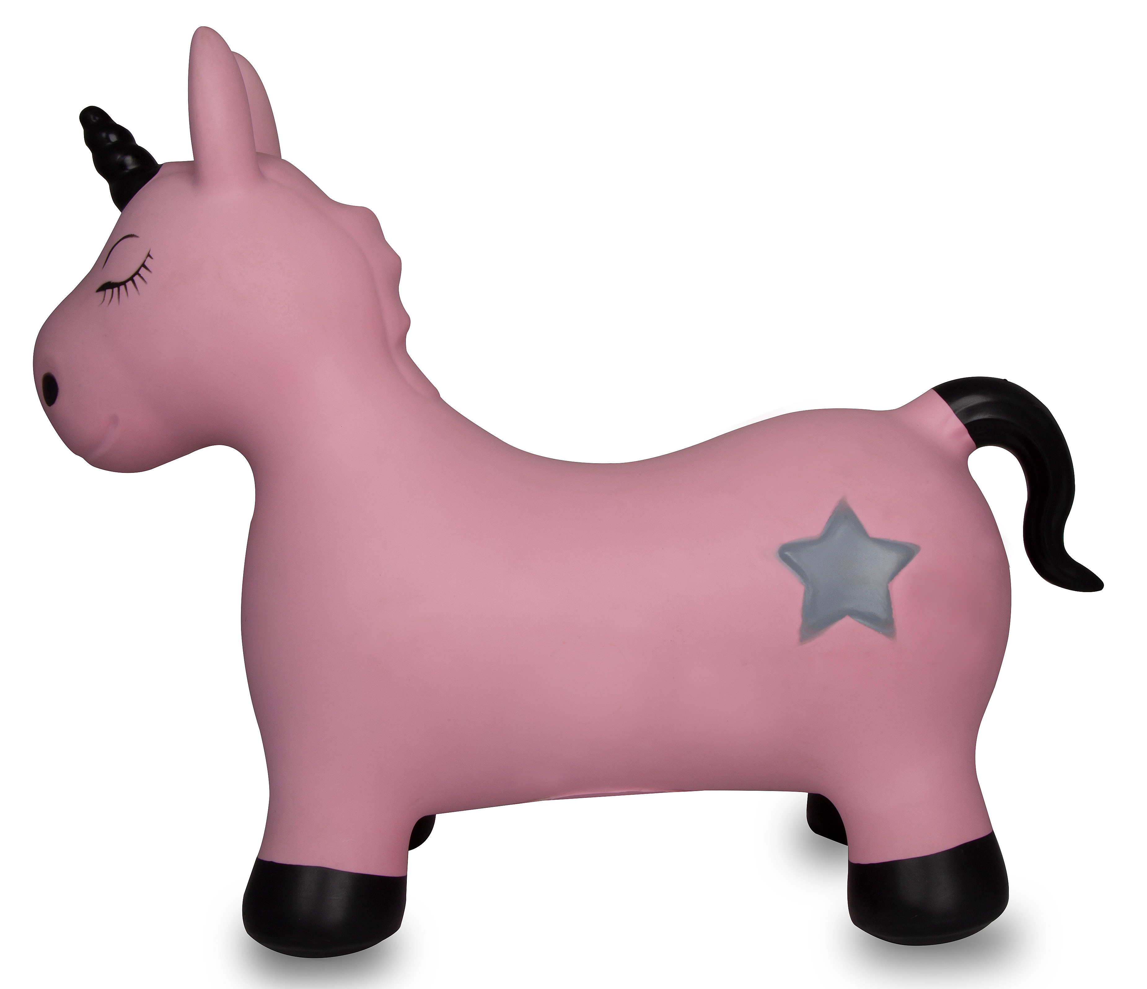 Un saltatore unicorno gonfiabile rosa con zoccoli e corno neri.