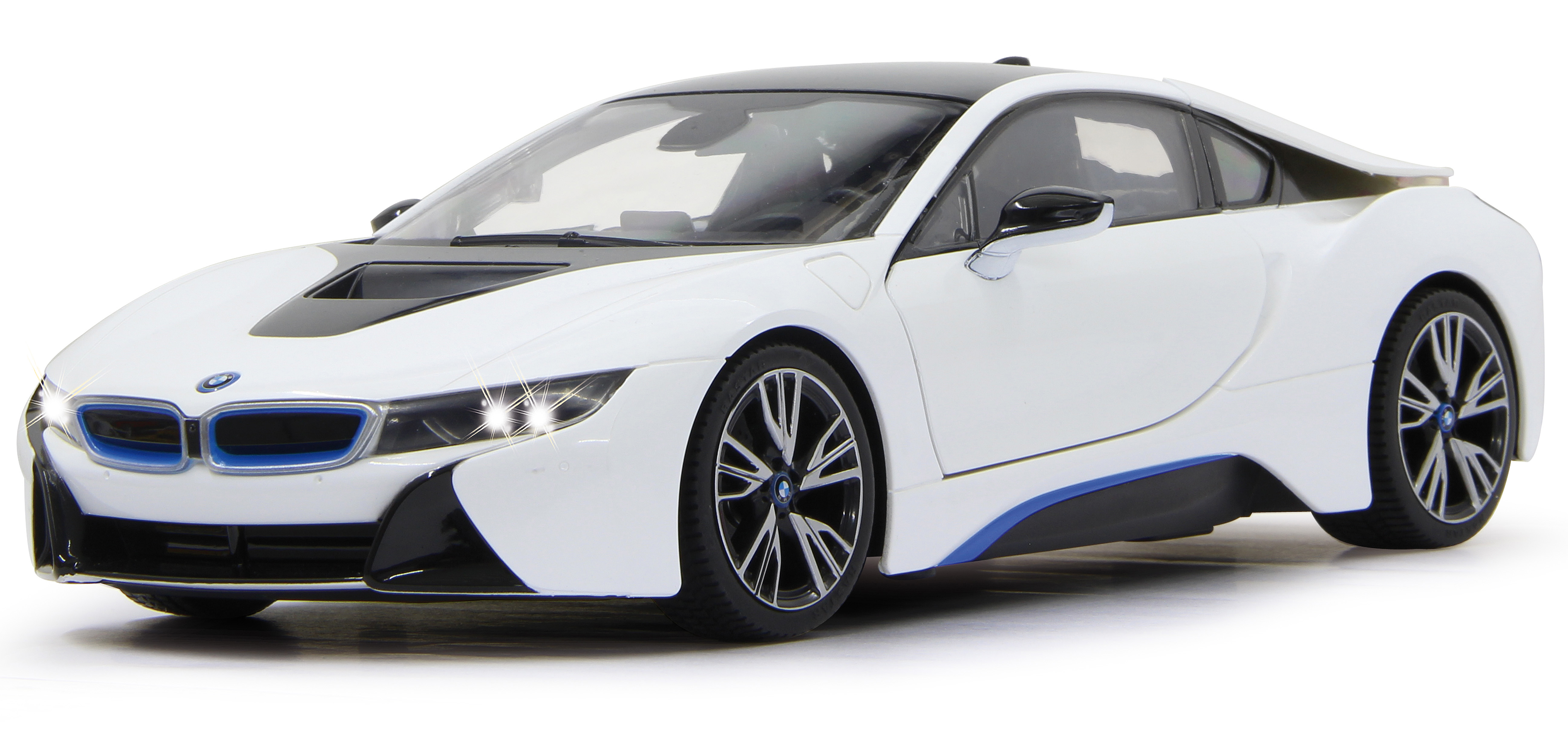 Białe BMW i8 z czarnymi akcentami i niebieskimi paskami na białym tle.