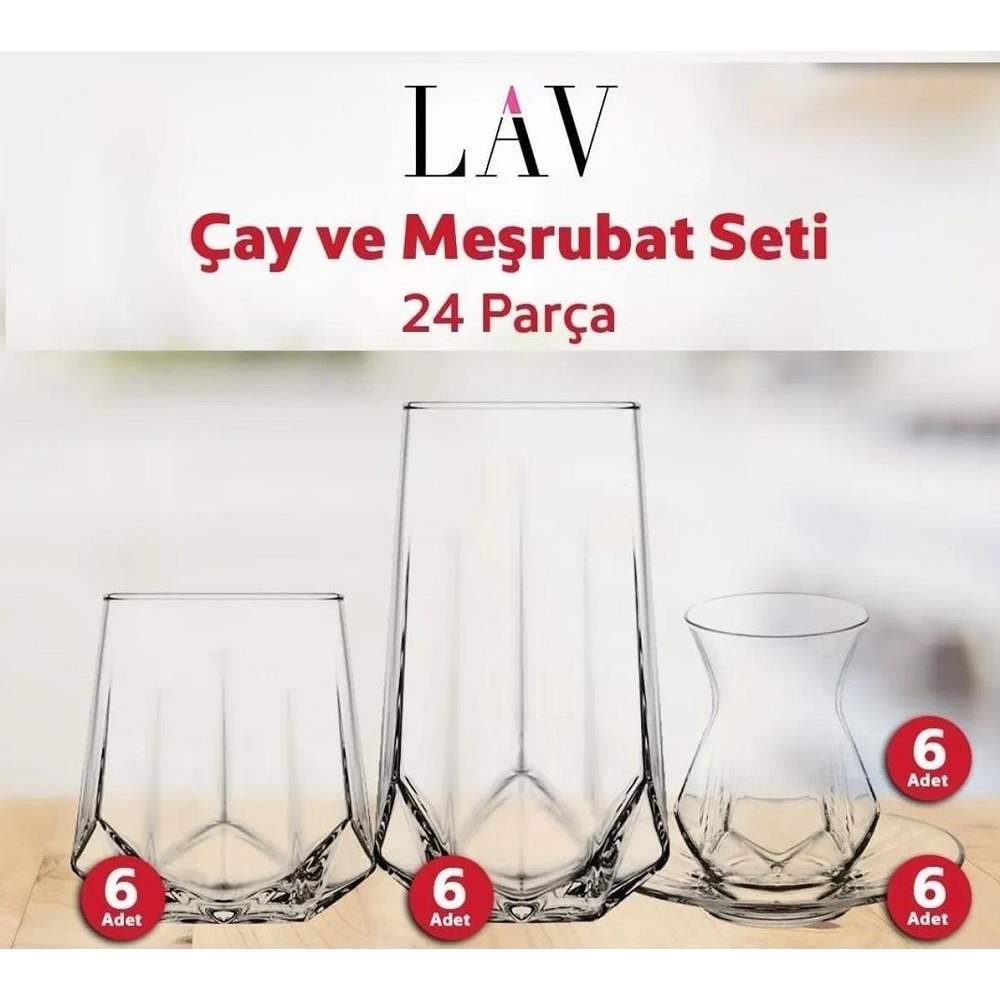 Geometrik desenli ve kırmızı 6 rakamlı üç cam kap seti.
