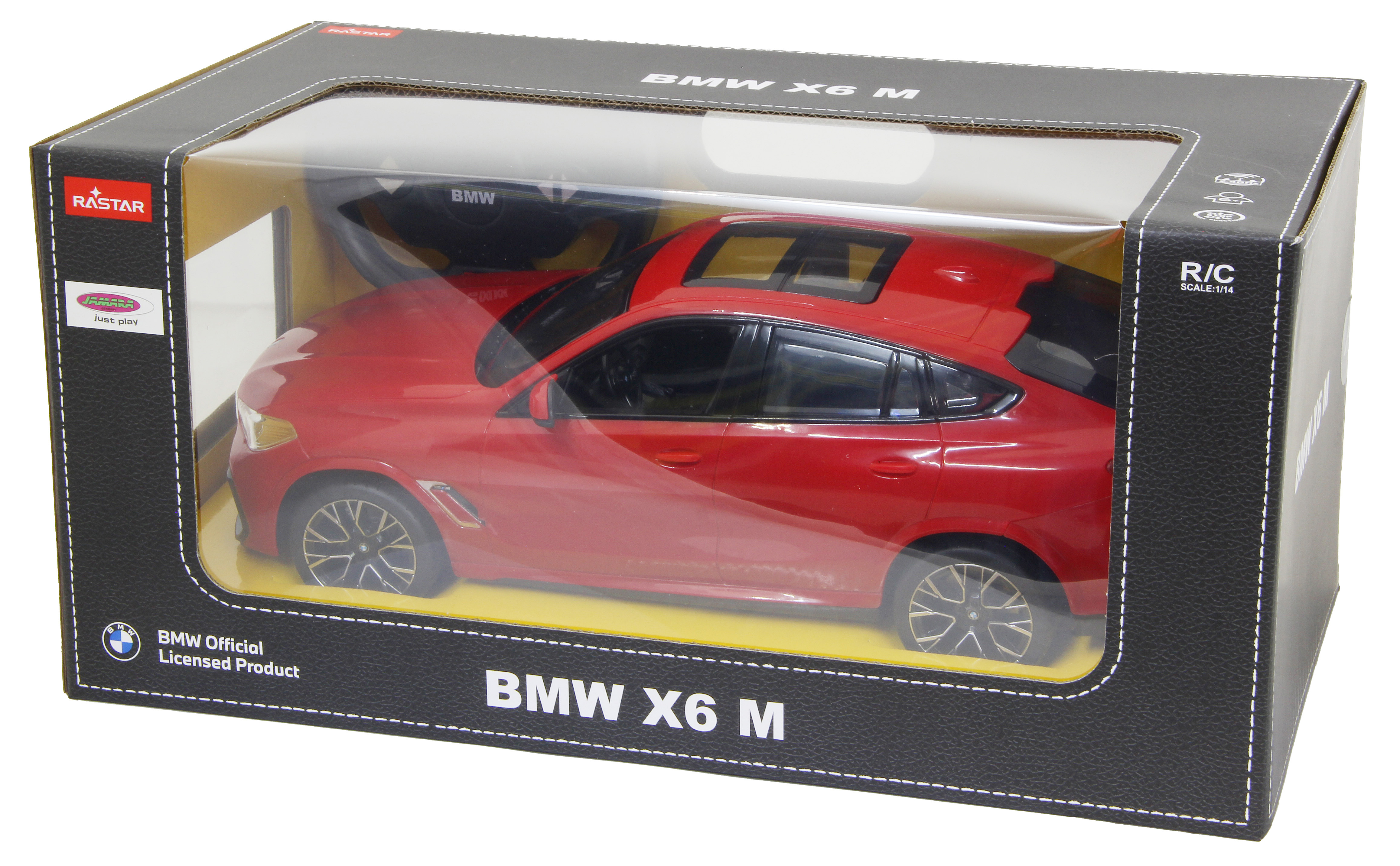 Rotes ferngesteuertes Spielzeugauto BMW X6 M in Verpackung, Maßstab 1:14.