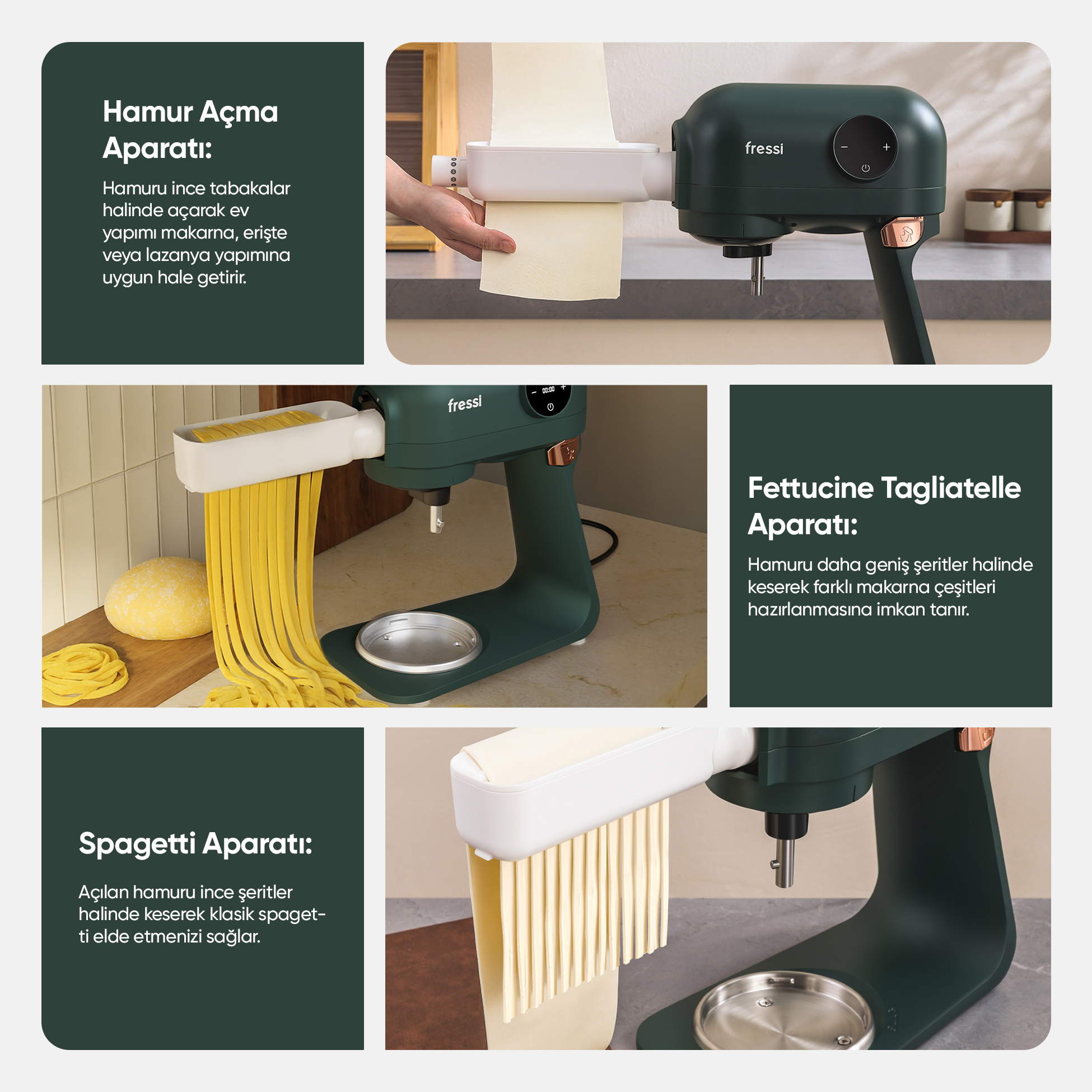 Mutfak robotu, makarna aparatları: hamur açma, spagetti, fettuccine.