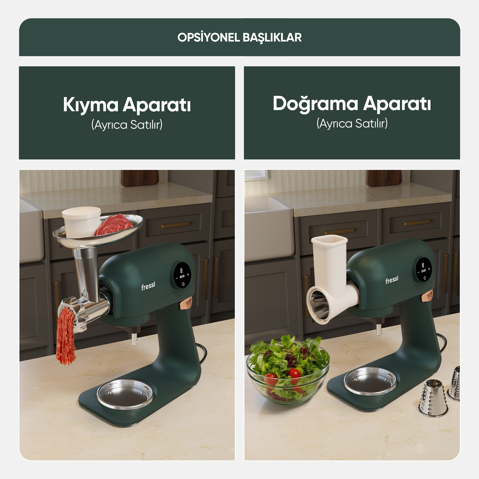 Kıyma aparatı ve salata kasesiyle yeşil mikser; yanında doğrama aparatı olan mikser.