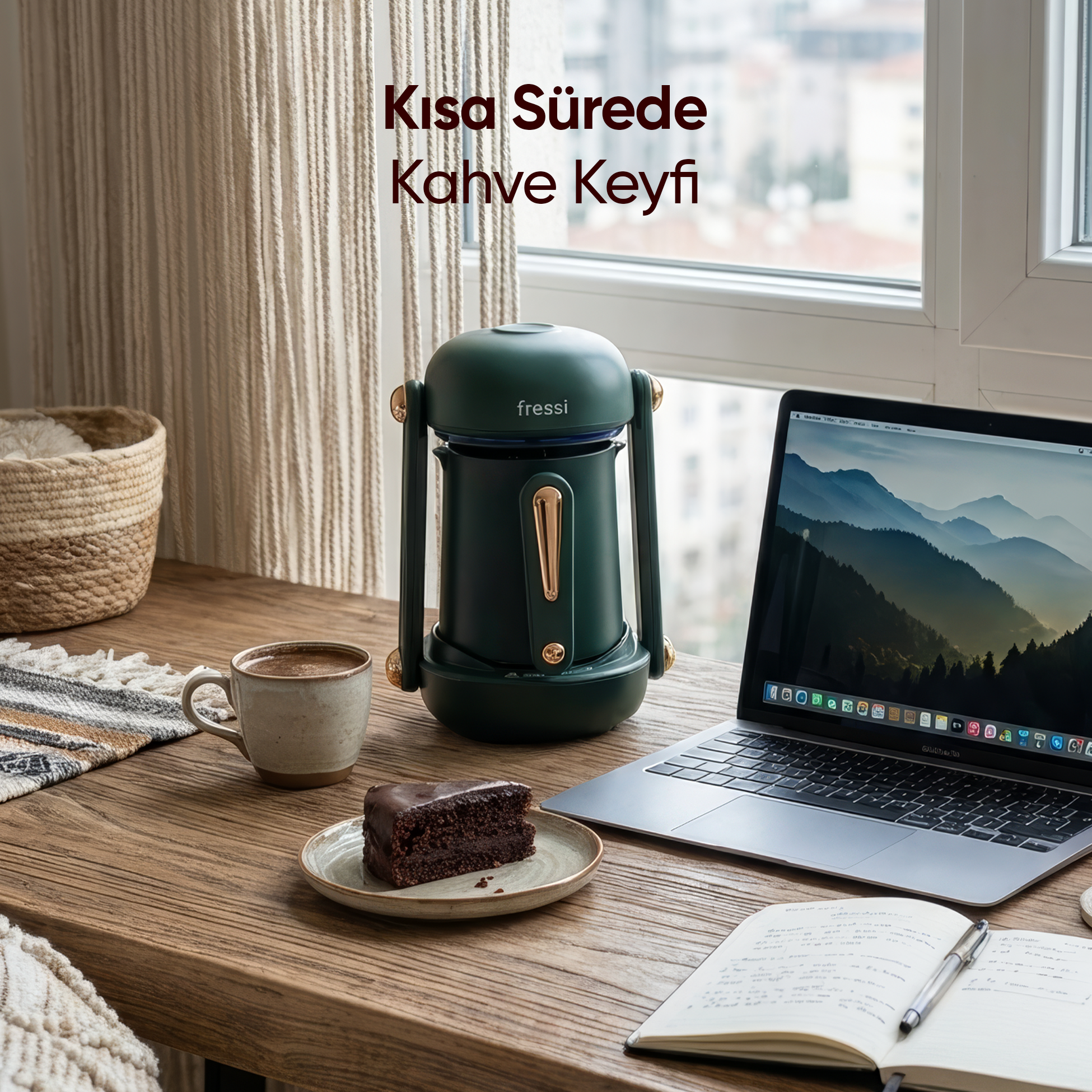 Yeşil kahve makinesi, bir dilim kek ve bir fincan kahvenin yanında ahşap masada duruyor.