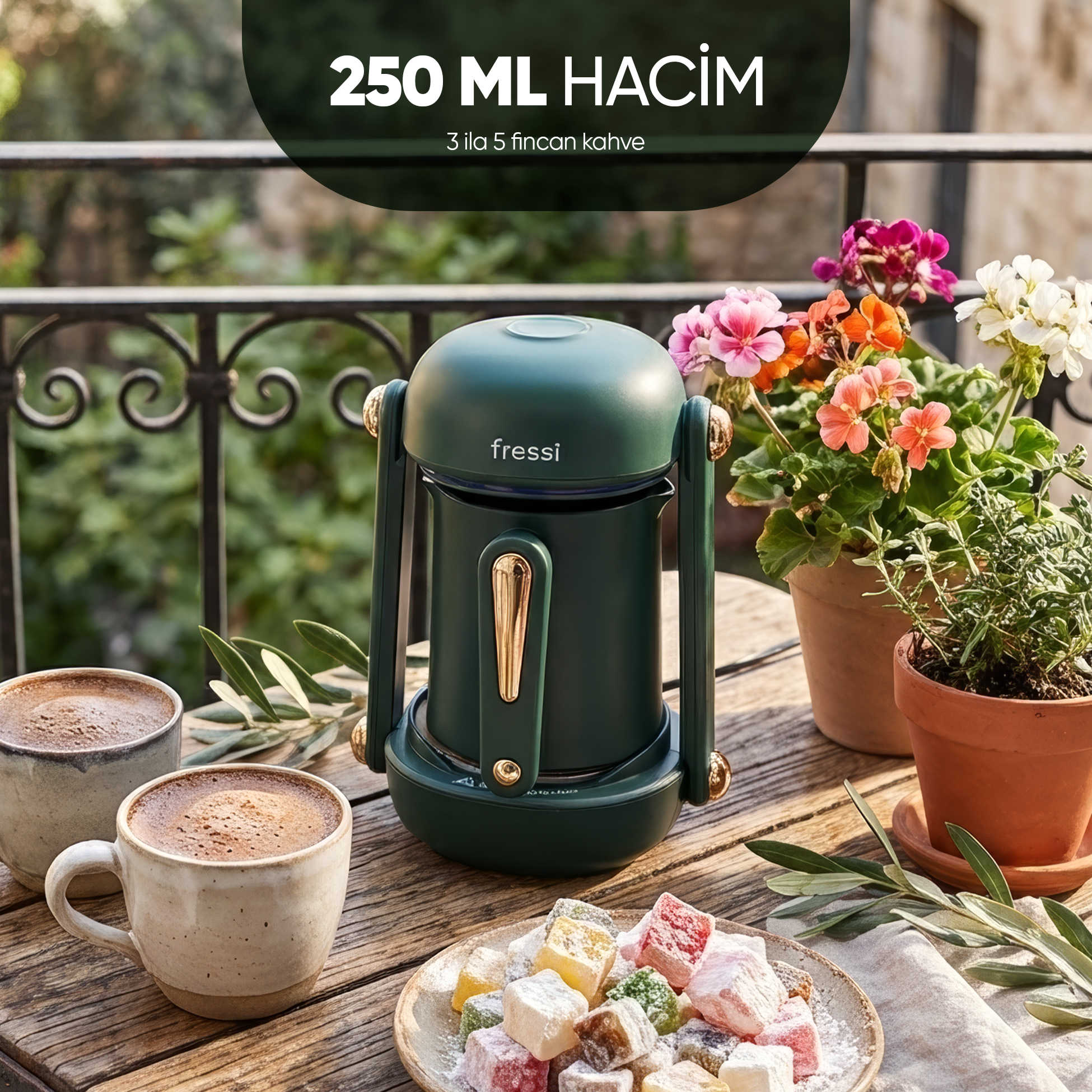 Ahşap masa üzerinde yeşil kahve makinesi, iki fincan kahve ve tatlı.