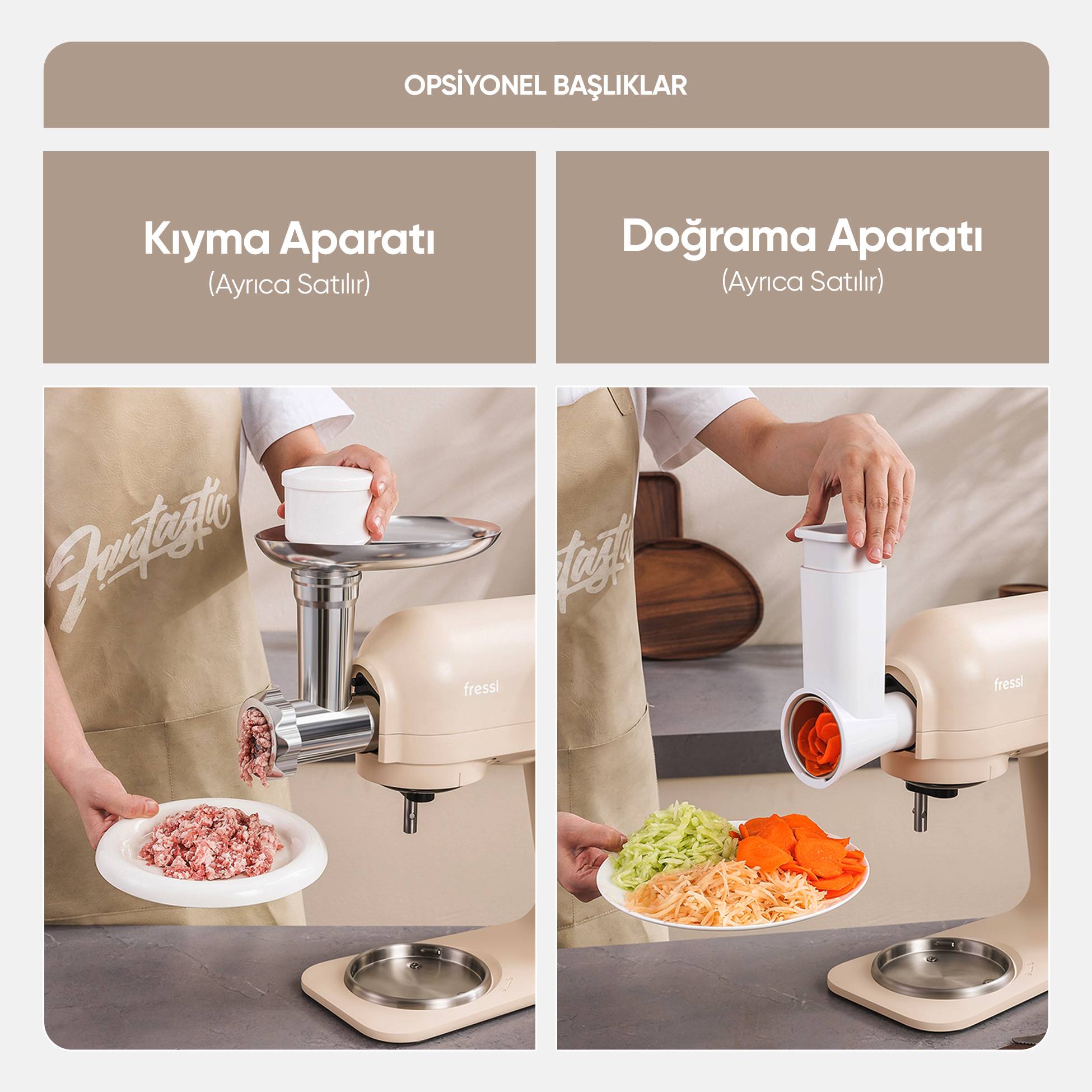 Mutfak makinesi, kıyma ve doğrama aparatları ile birlikte gösteriliyor.