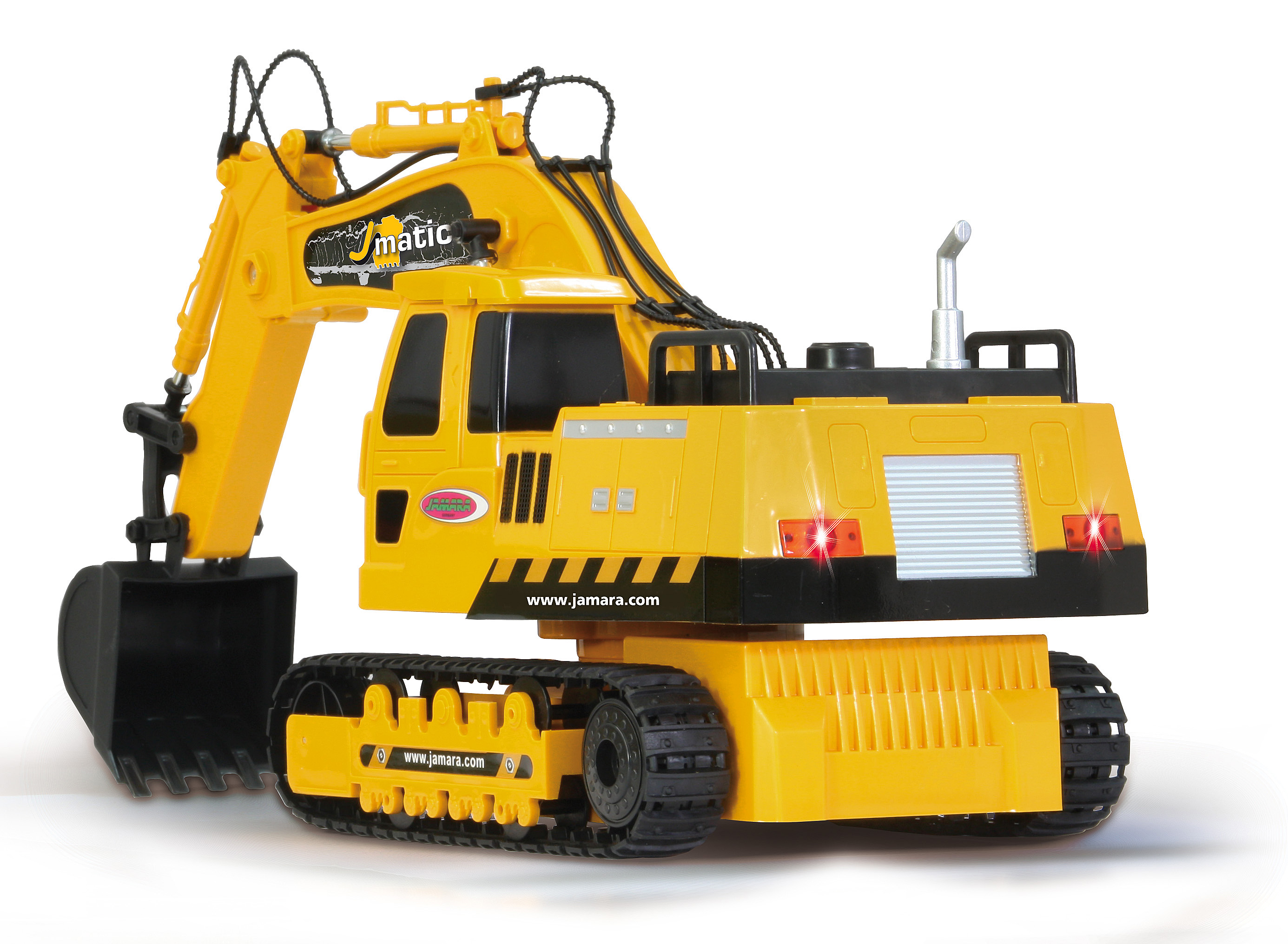 Yellow toy excavator with black tracks and bucket. White background.