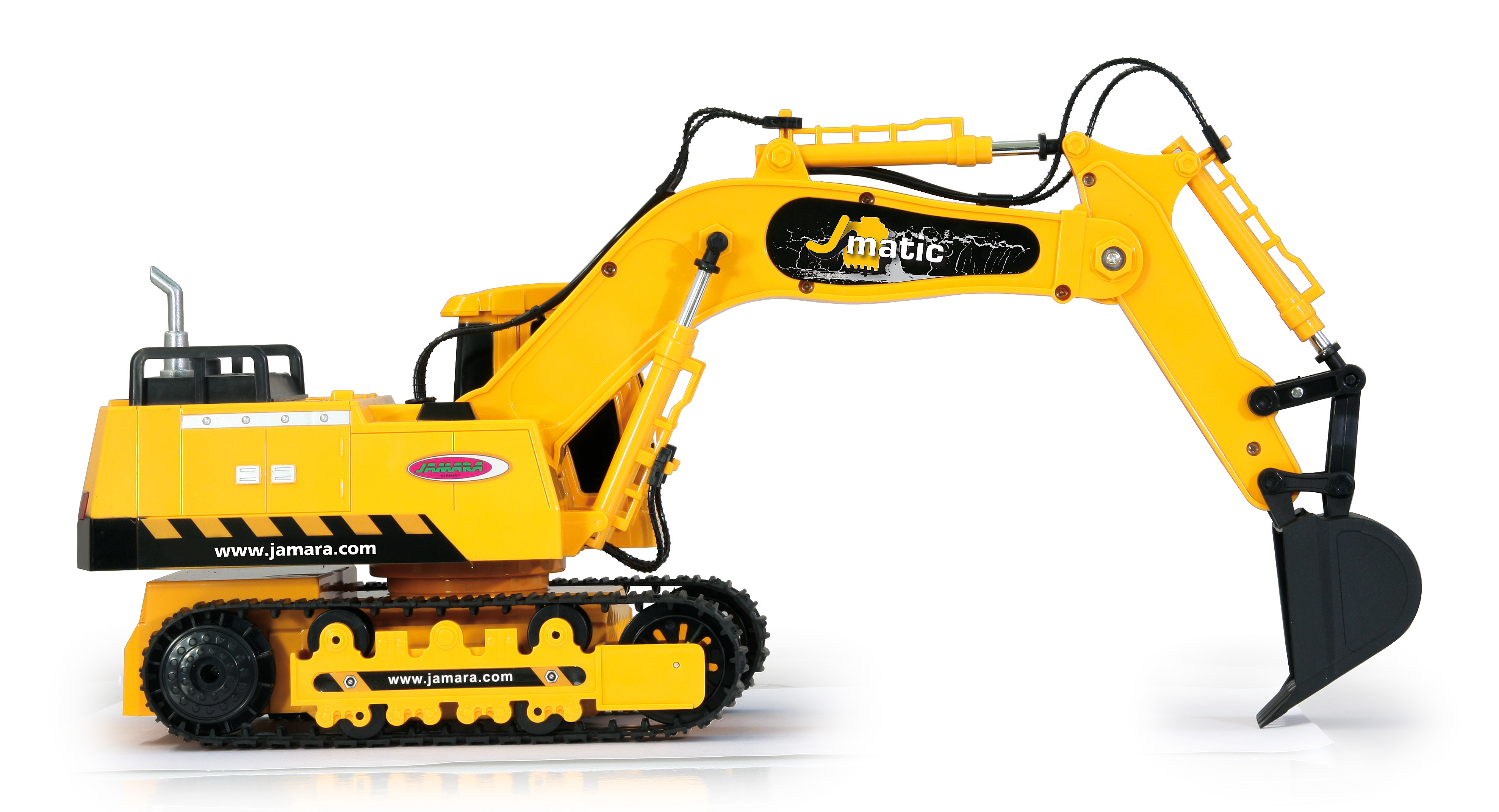 A yellow toy excavator with a tracked undercarriage and a black bucket.