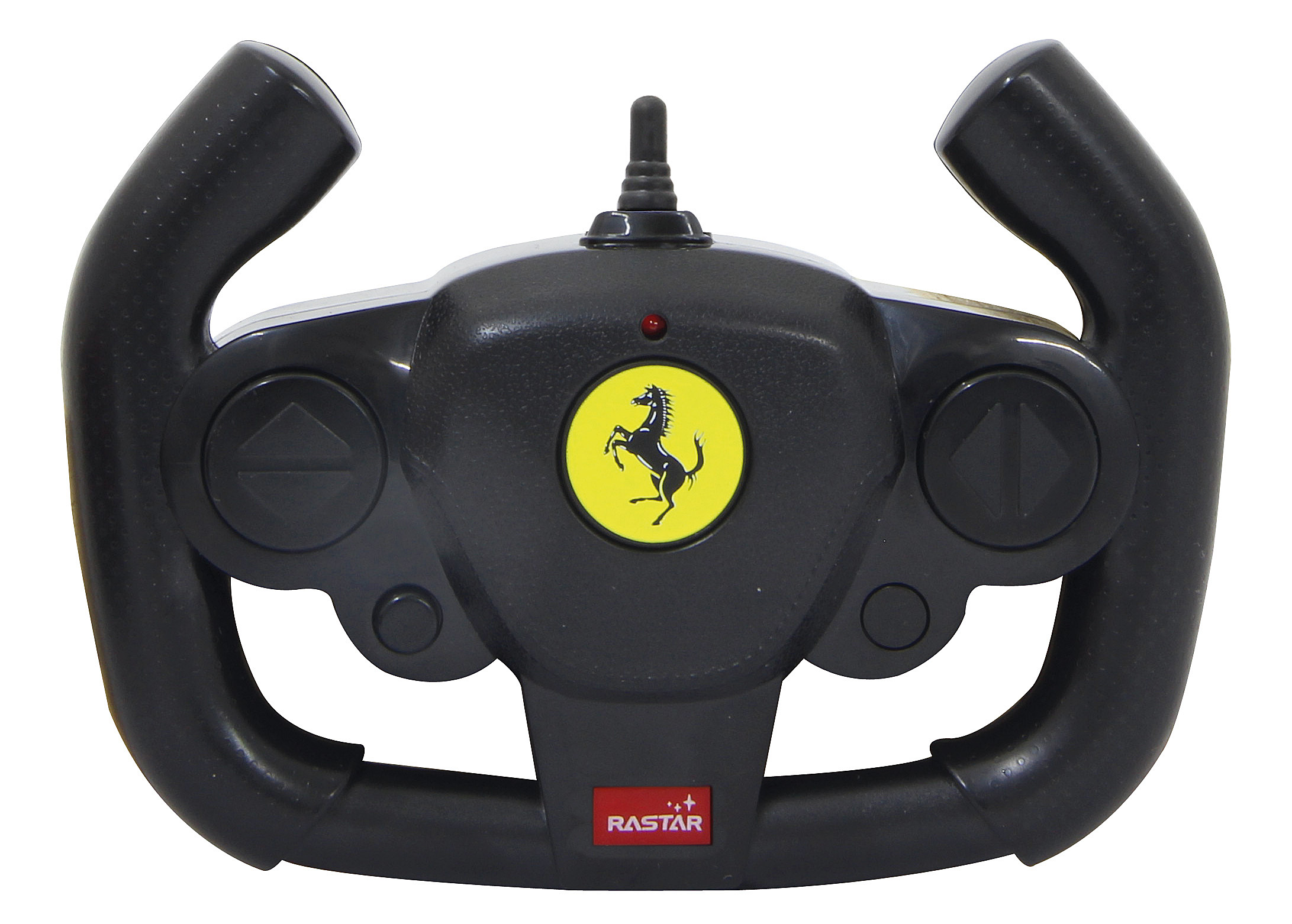 Schwarzer Ferrari-Fernbedienungs-Controller mit gelbem Emblem und roten Knopf.