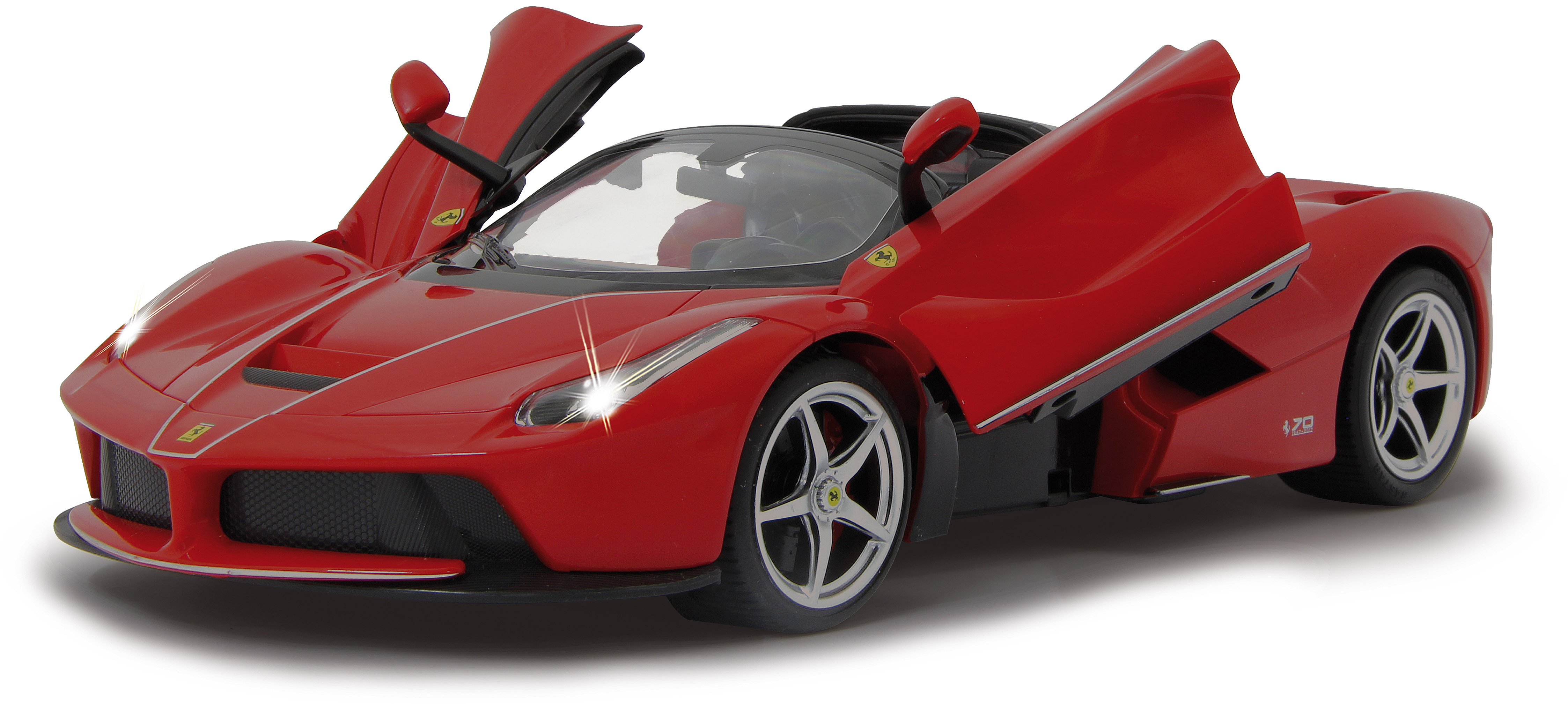 Ein rotes Ferrari-Spielzeugauto mit geöffneten Türen auf weißem Hintergrund.