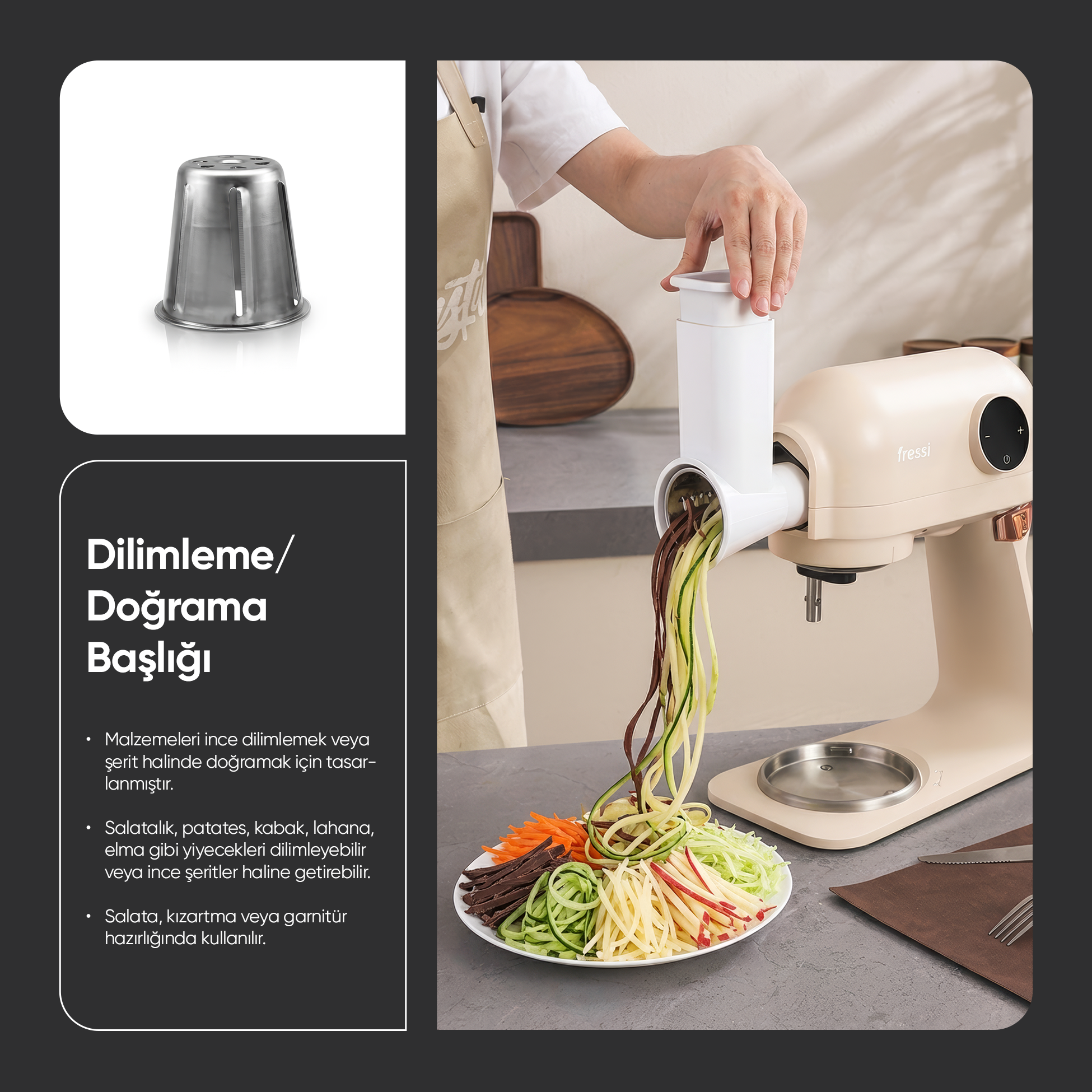 Bir mutfak robotu, sebzeleri spiral şeklinde kesiyor; yanında doğranmış sebze tabağı var.