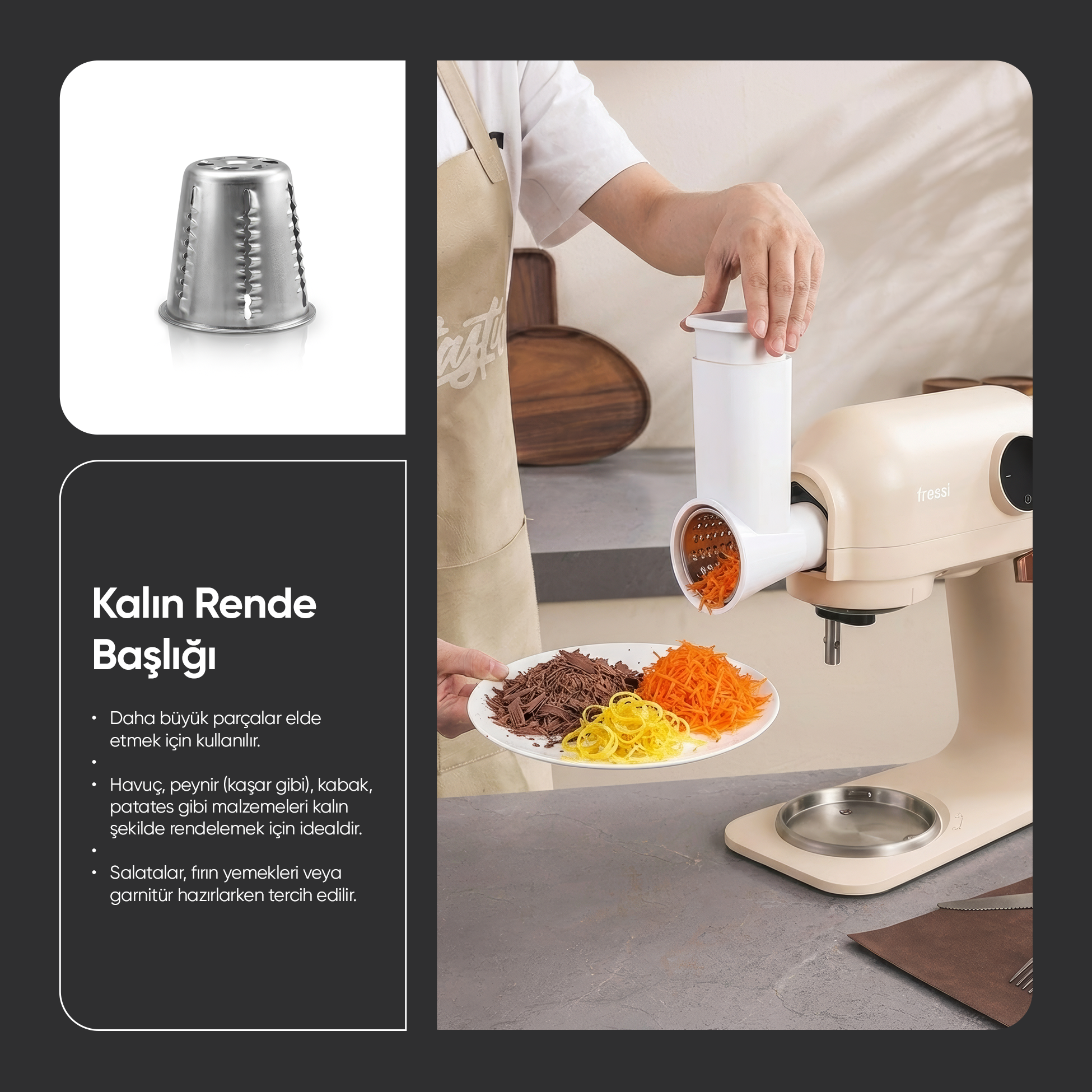Mutfak makinesi, havuç, peynir ve kabak rendelemek için kalın rende.