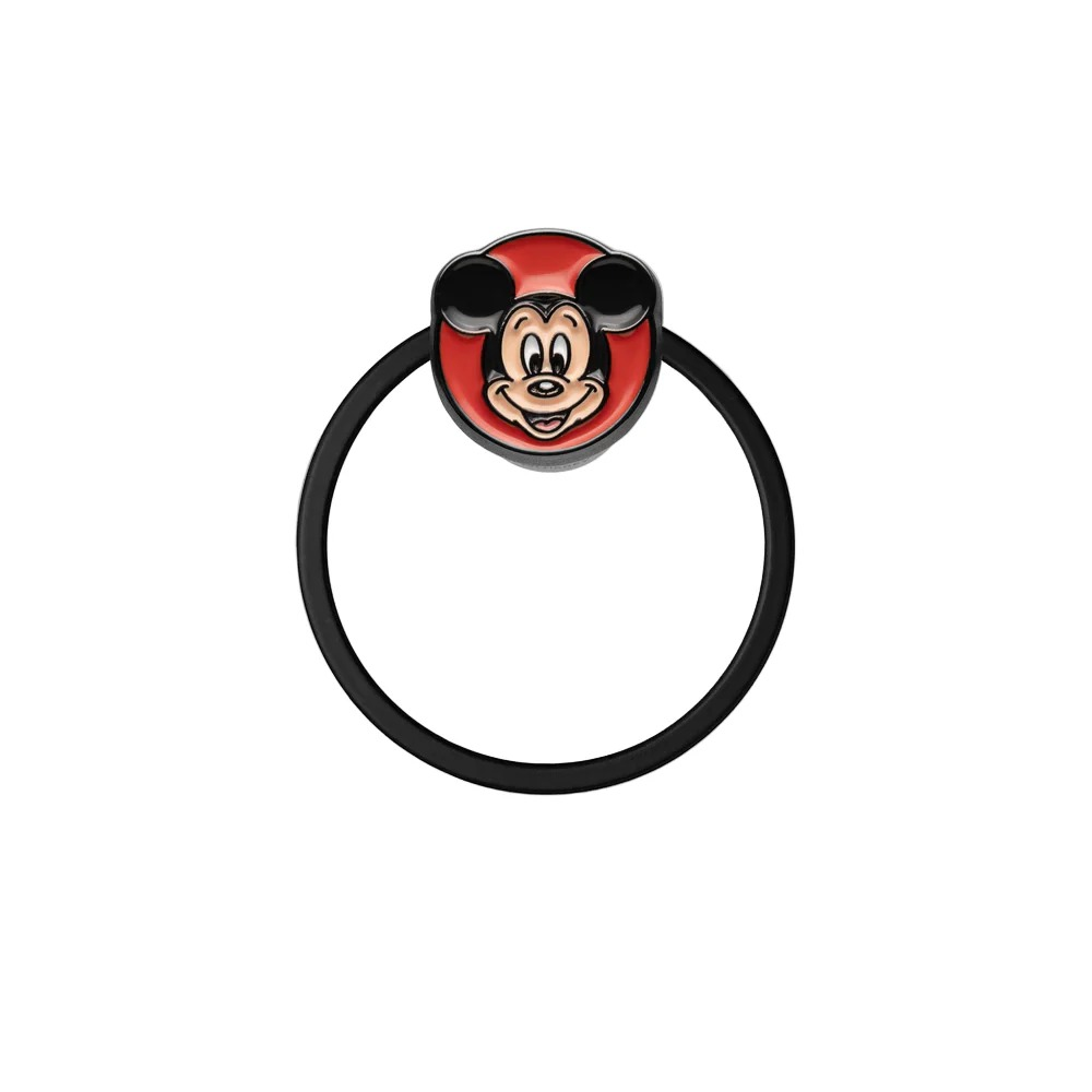 Elastico per capelli nero con testa di Topolino su sfondo rosso.