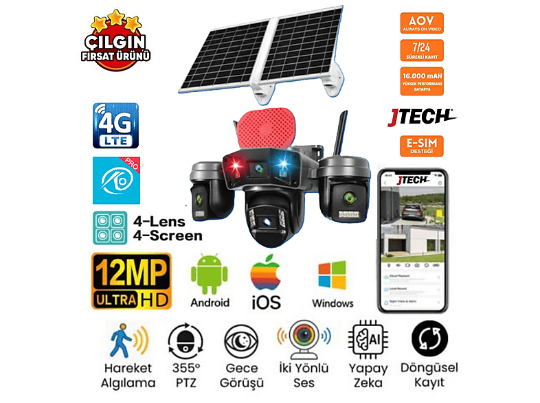 O-KAM OK-336 Premium 4x3MP AOV 12MP 4G Sim Kartlı Solar Panelli 4 Kameralı 1 PTZ Akıllı Kamera Siyah