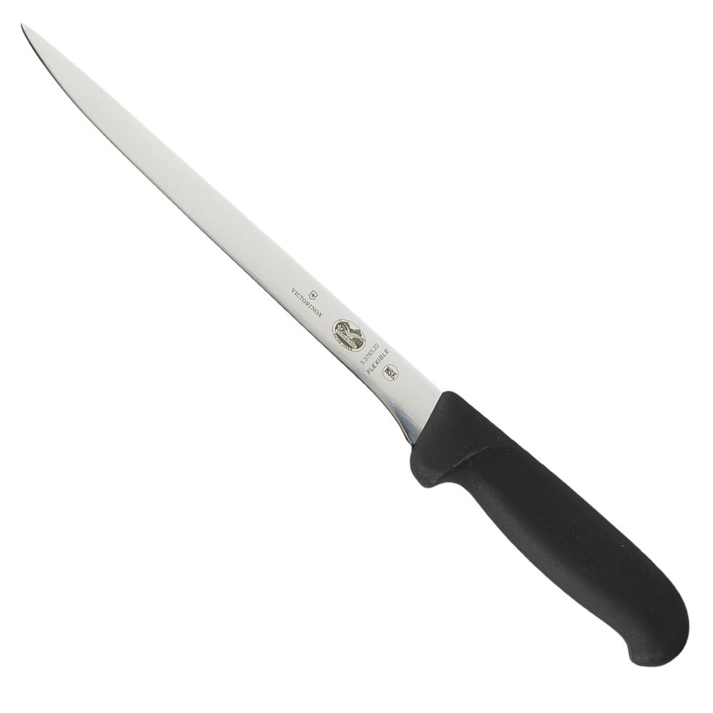 Siyah saplı, keskin, esnek bir Victorinox bıçağı.