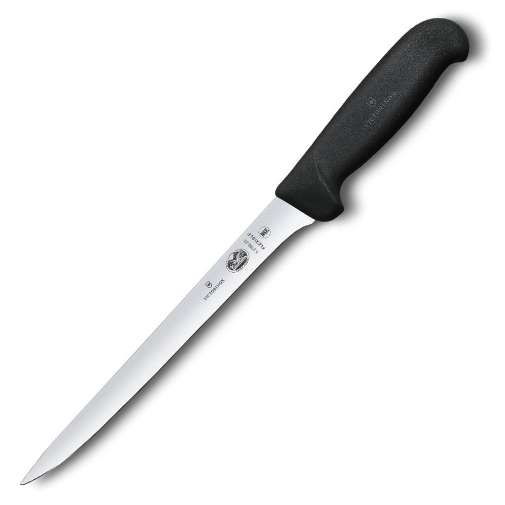Uzun, esnek bıçaklı, siyah saplı ince bir Victorinox yontma bıçağı.