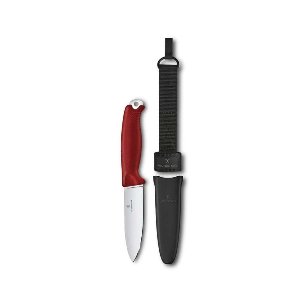 Siyah kılıflı ve kordonlu kırmızı bir Victorinox bıçağı.