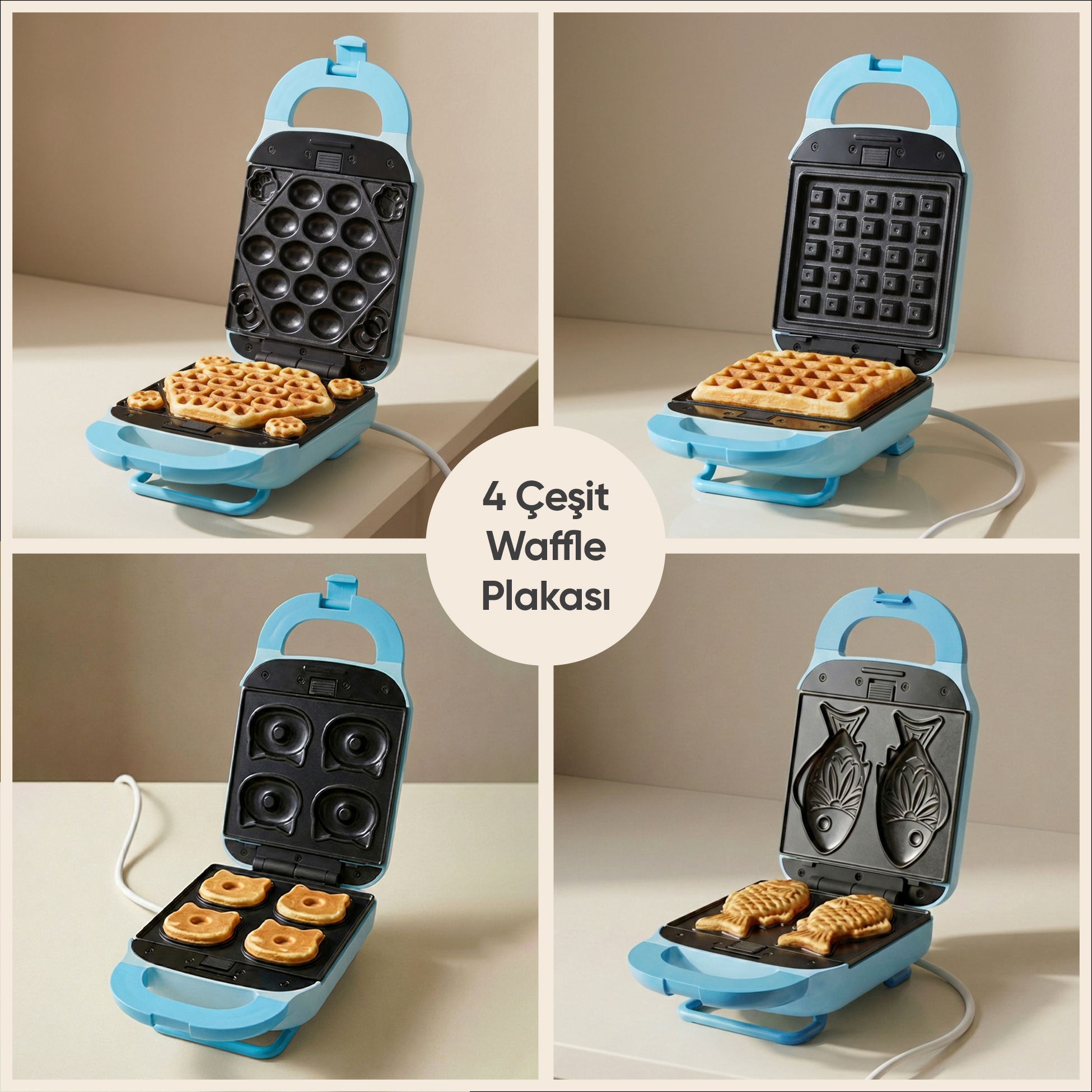Mavi bir waffle makinesi, dört adet değiştirilebilir plakasıyla: mini waffle, kare waffle, donut ve balık şekli.