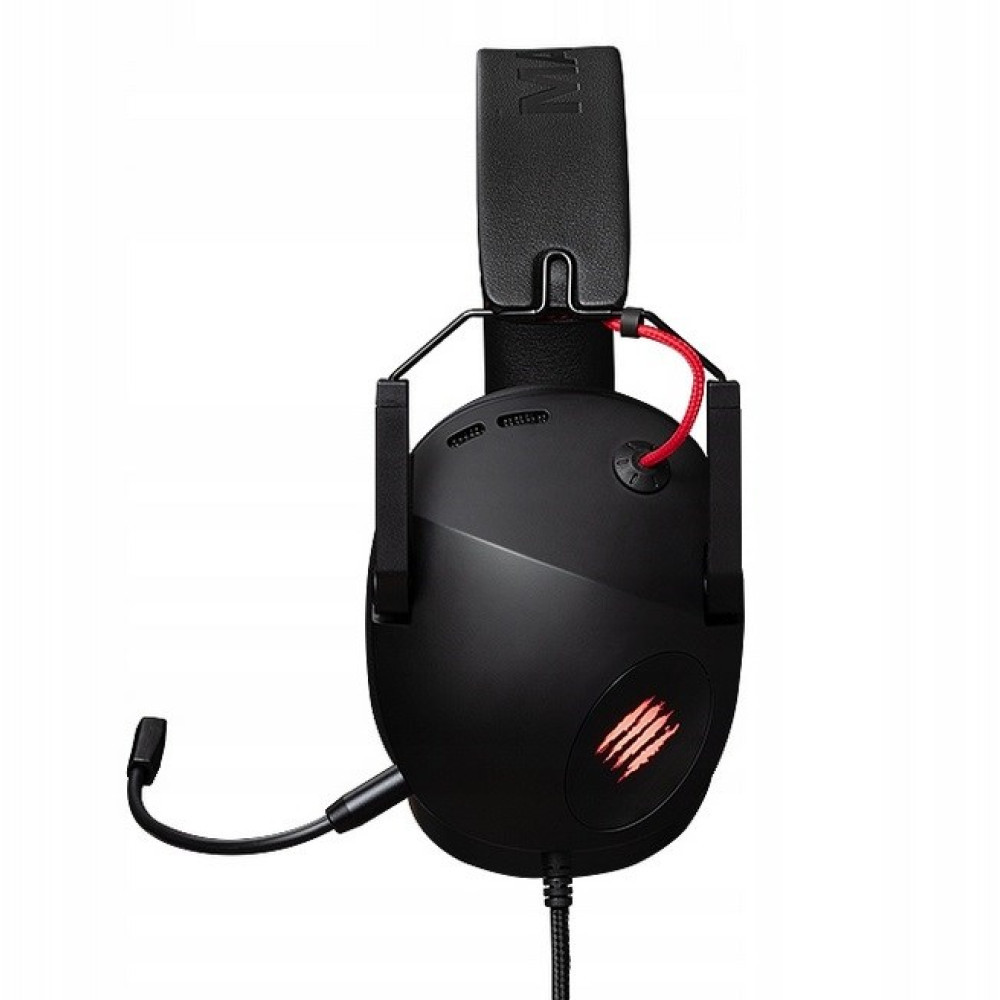 Schwarzes Gaming-Headset mit roten Akzenten und Mikrofon. Logo leuchtet rot.