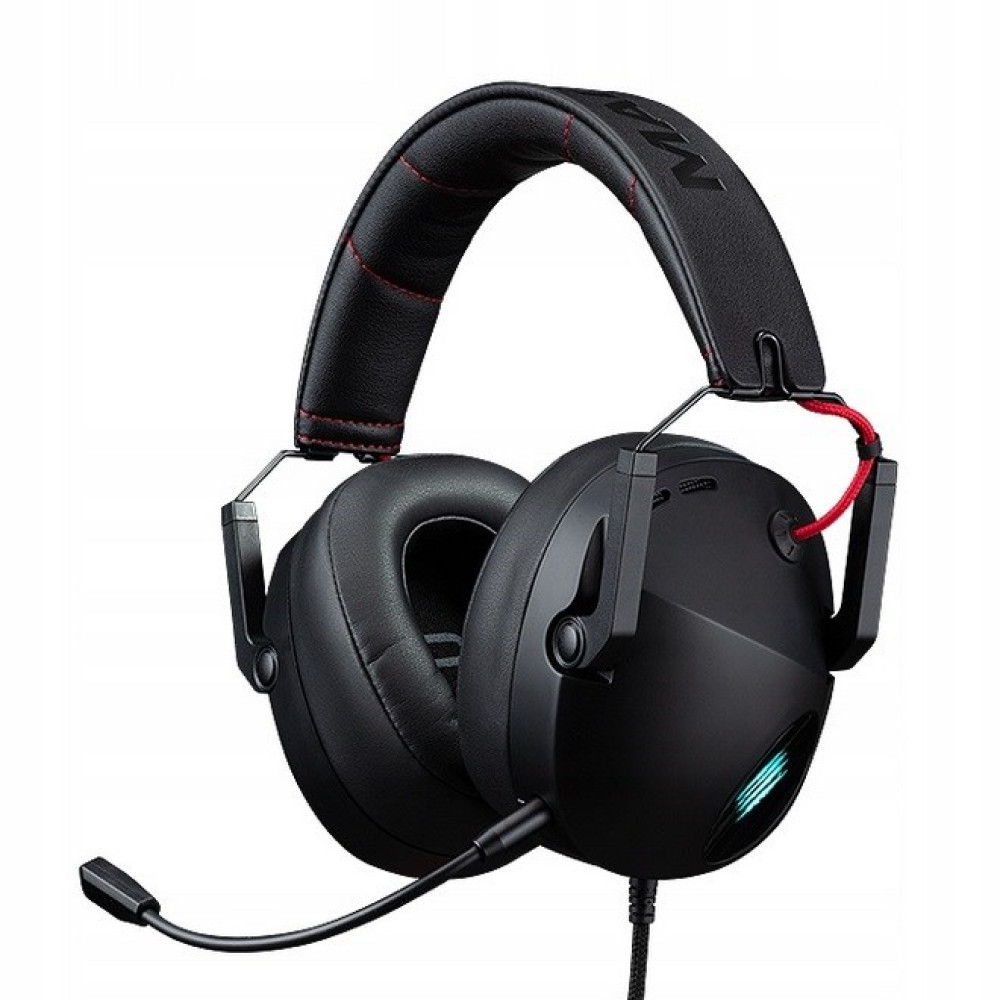 Schwarzer Gaming-Kopfhörer mit Mikrofon, roter Naht und blauem Lichtdetail.