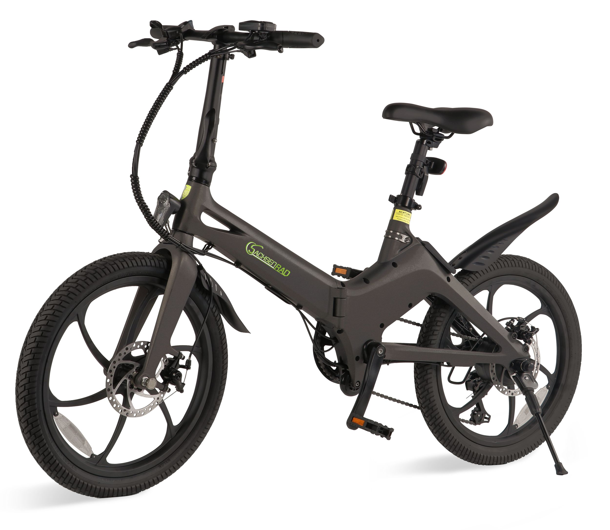 Ein graues faltbares Elektrofahrrad mit schwarzen Rädern und einem Ständer.