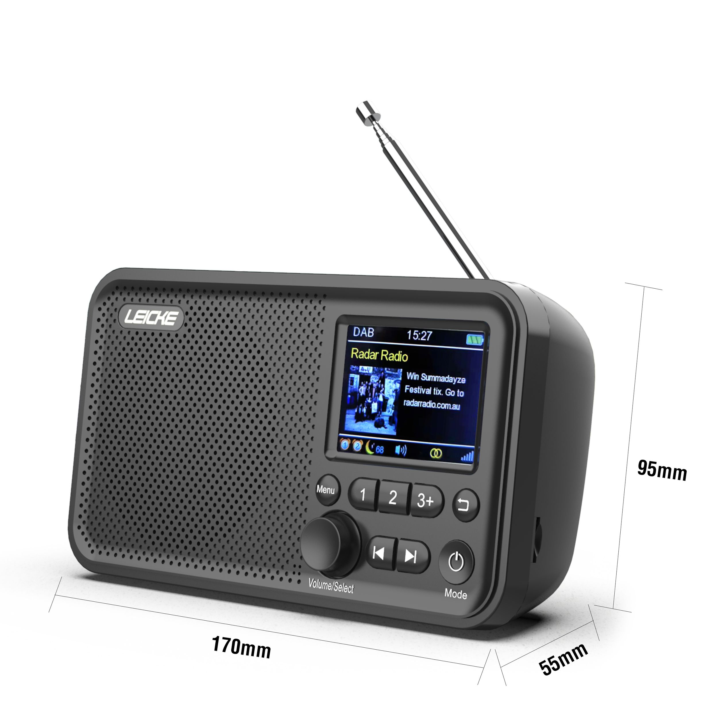 Ein schwarzes DAB-Radio mit Antenne, Bildschirm und Bedienelementen.