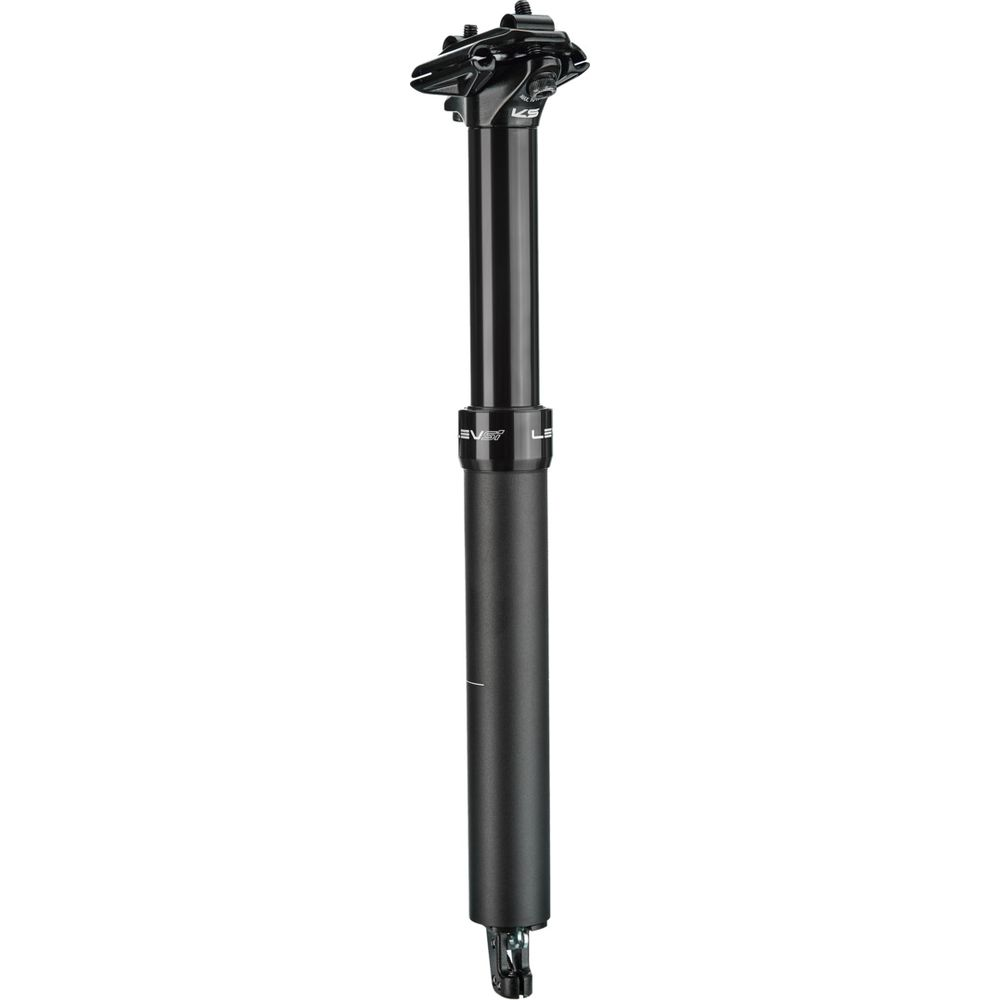 Schwarze Dropper-Sattelstütze mit silbernen Akzenten. Die obere Klemme ist sichtbar.