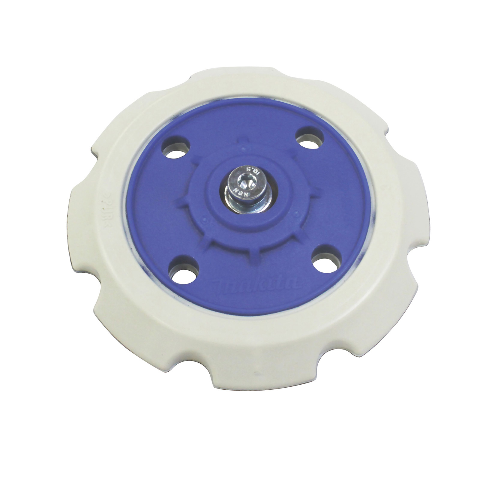 Ein weißer, gezackter Adapter mit blauem Mittelteil und Schraube.