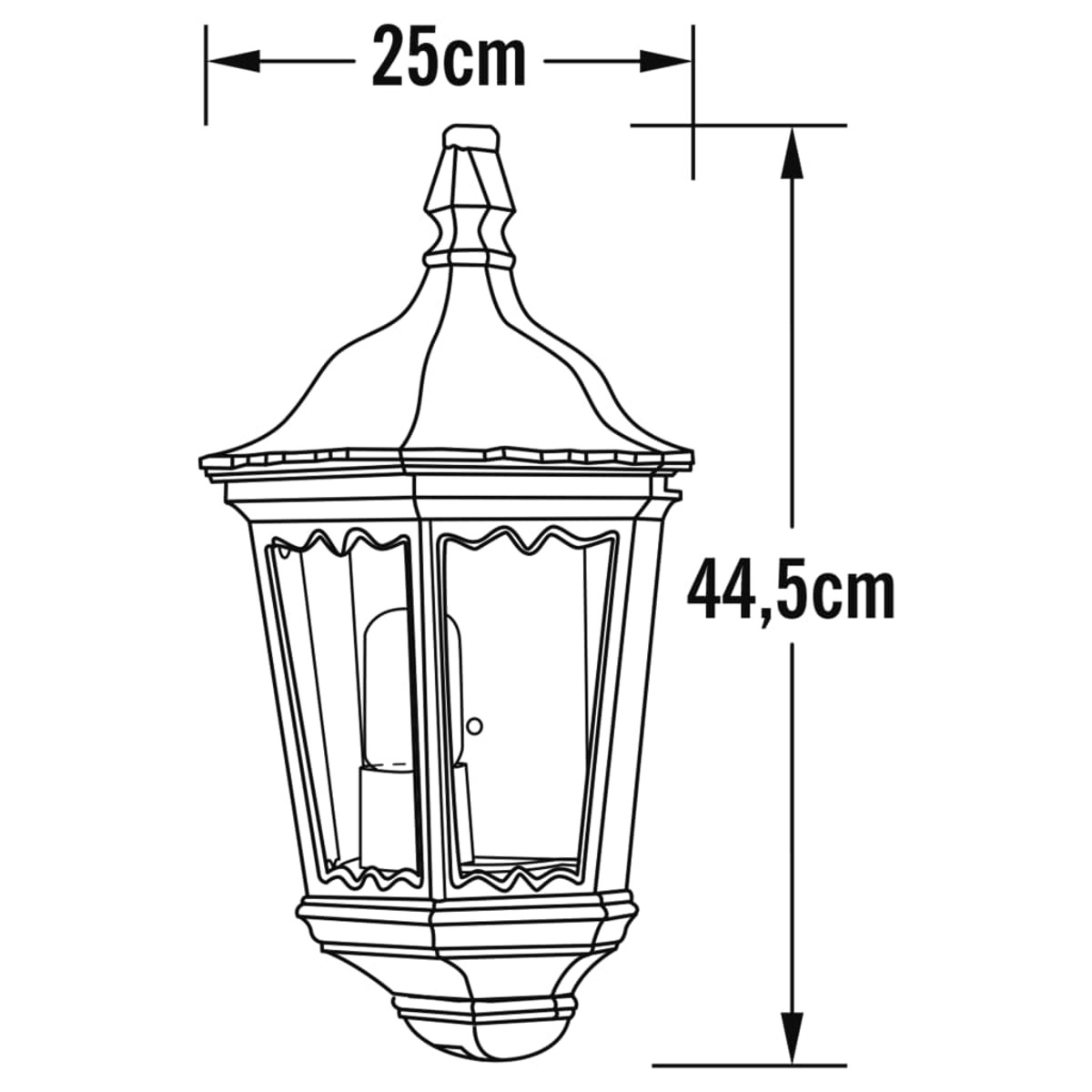 Eine Zeichnung einer Laterne mit Maßen von 25cm Breite und 44,5cm Höhe.