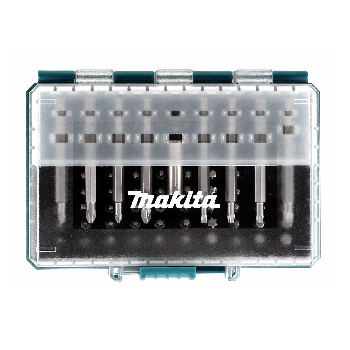 Makita Schraubendreher-Bit-Satz in durchsichtiger Plastikbox mit teal Akzenten.
