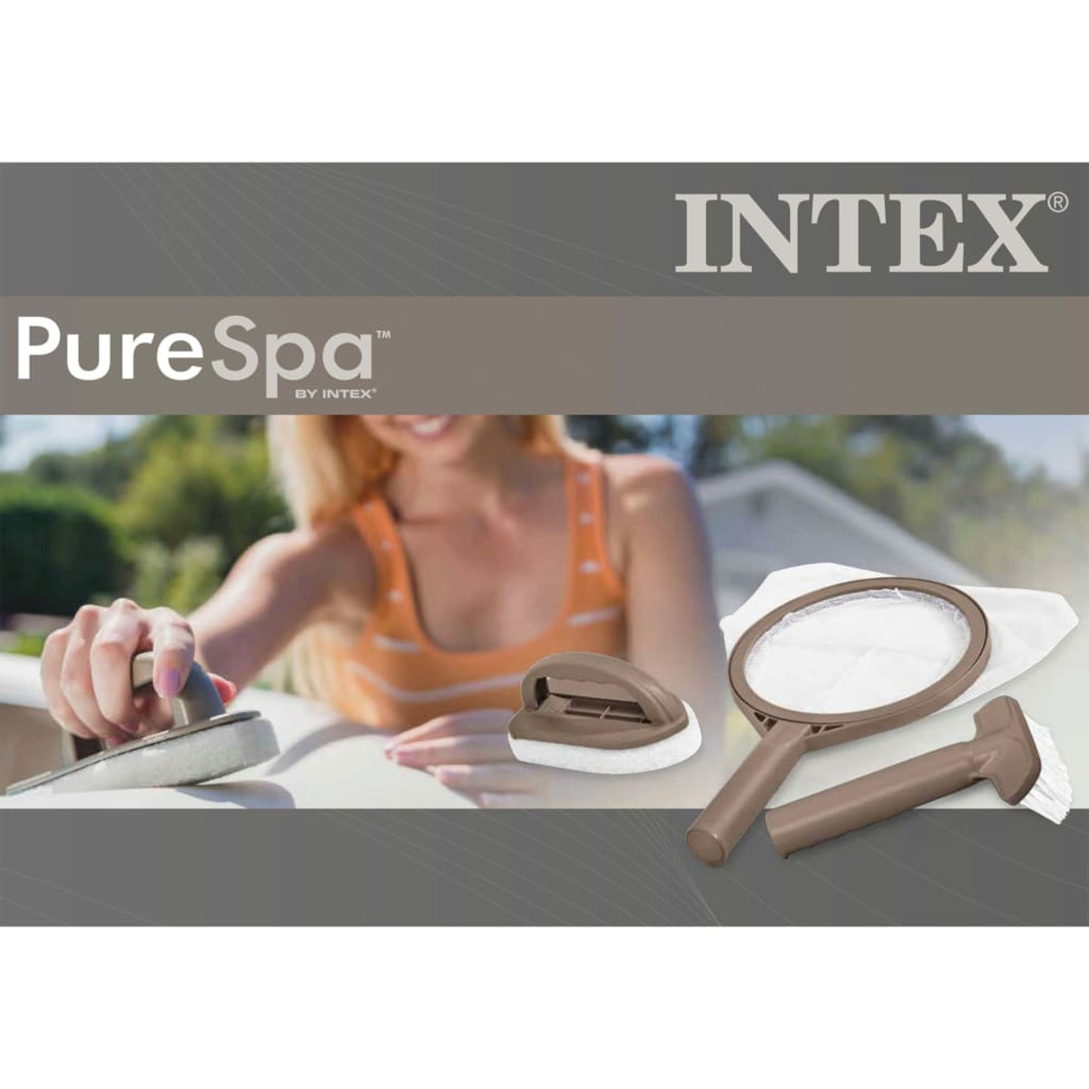 Intex PureSpa Anzeige mit Frau bei der Reinigung und Pool-Reinigungsgeräten.