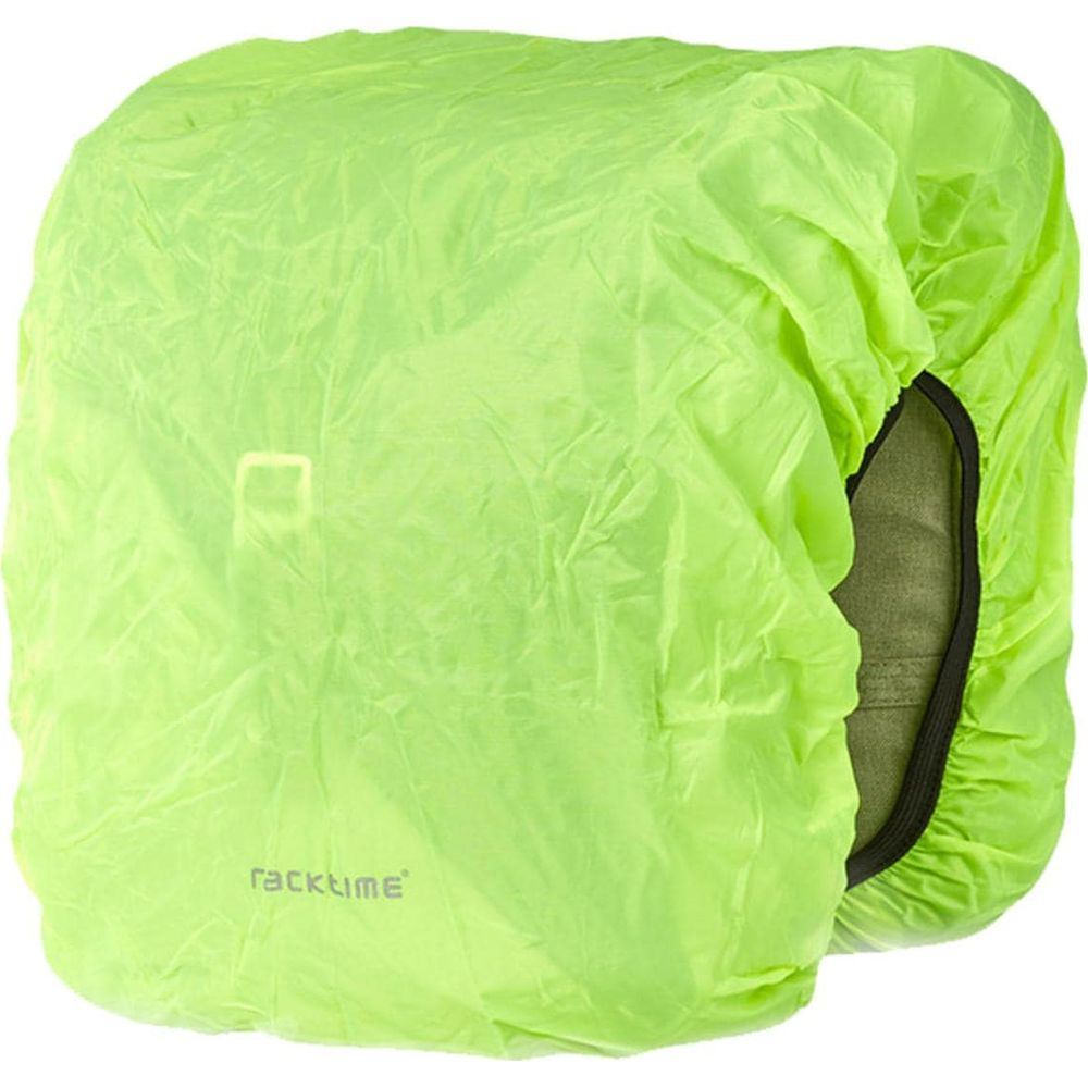 Ein neongrüner Rucksackbezug mit der Aufschrift 