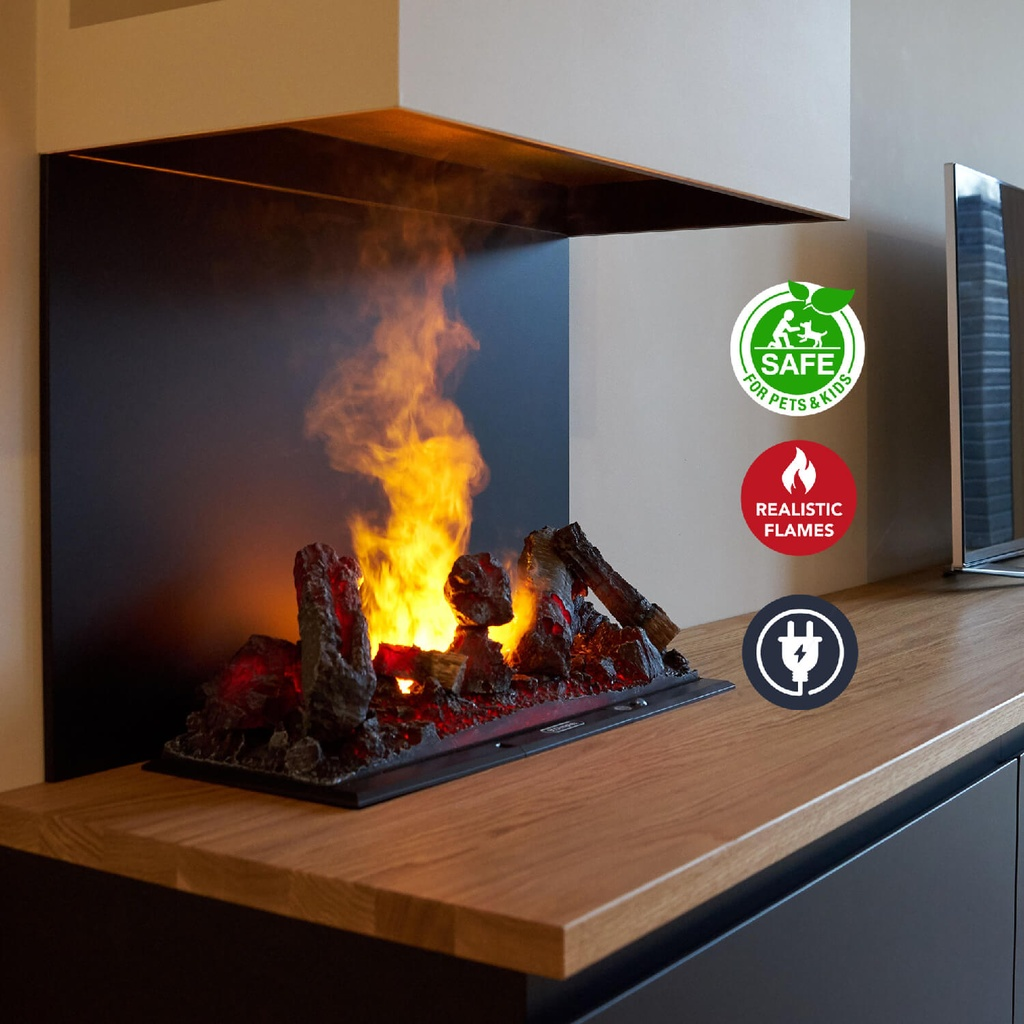 Realistic electric fireplace with logs and flames on a wooden surface.