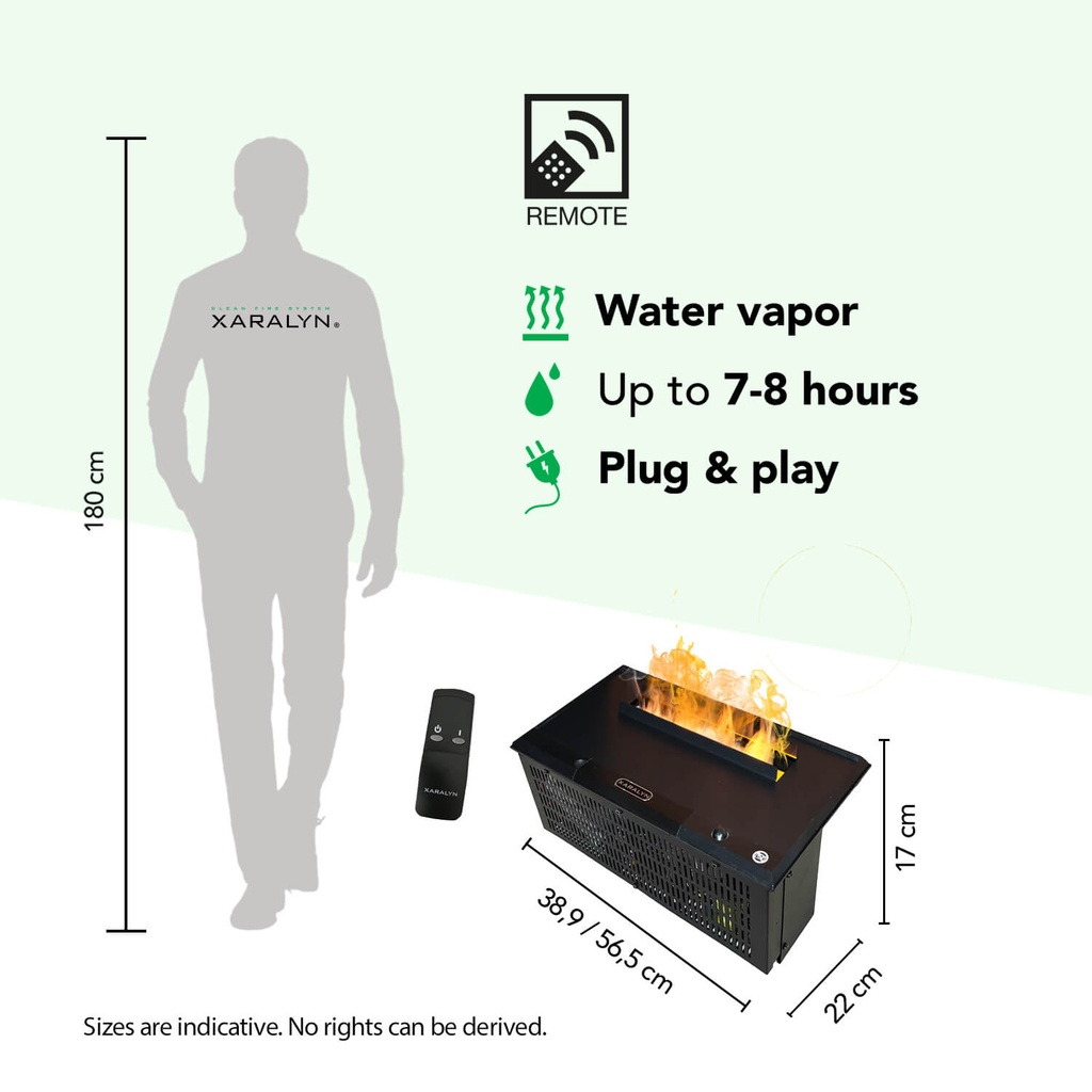 A man stands beside a black fireplace with flames. Dimensions and remote are shown.