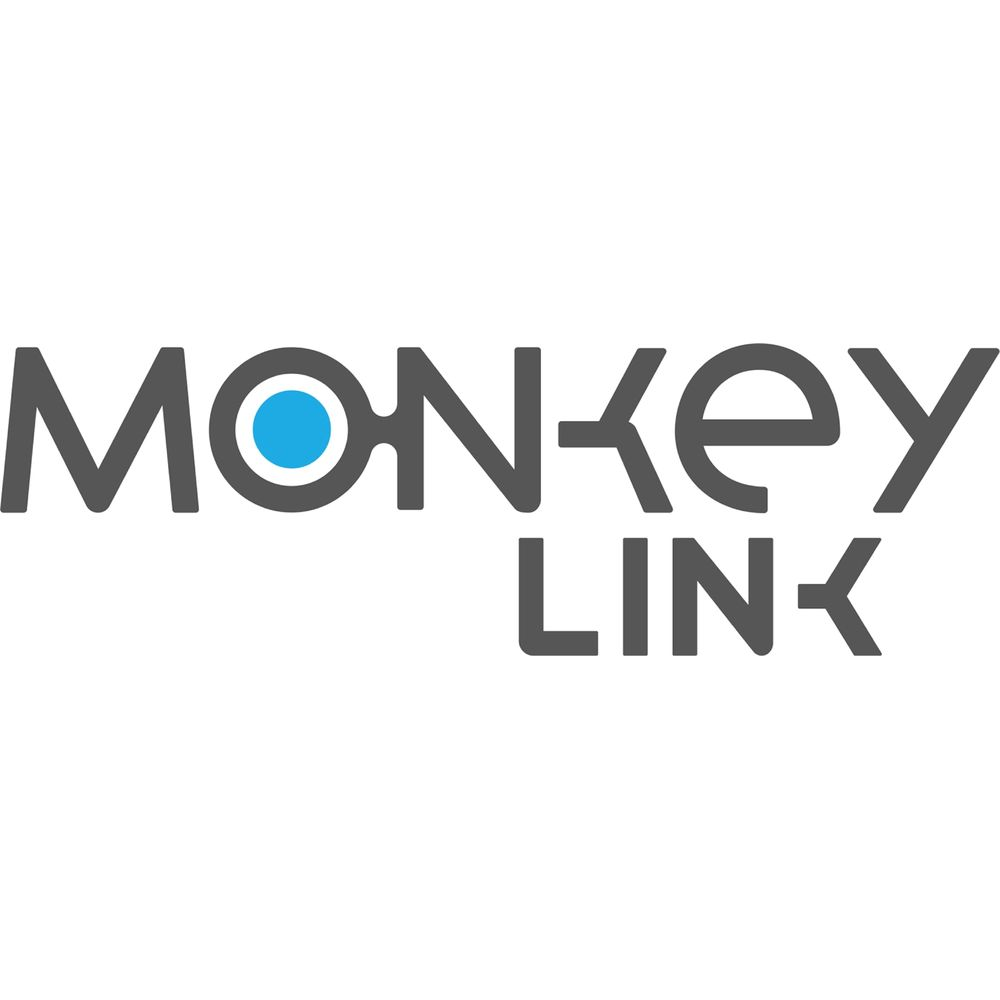 Logo mit grauen Buchstaben 'MONKEY LINK', das 'O' ist ein blauer Kreis.